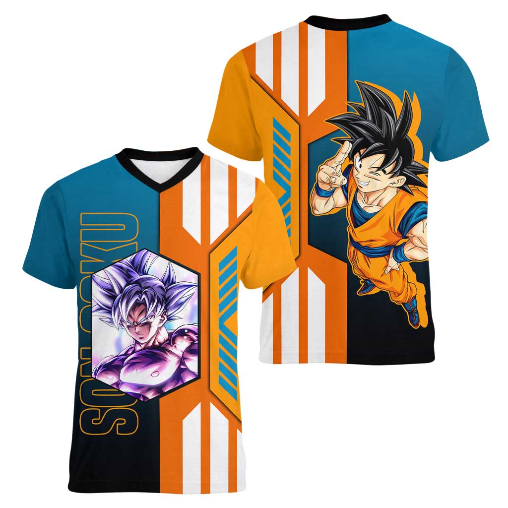 Son Goku from Dragon Ball Women V-Neck T-Shirt with Orange Gi, Power Pose, and Energy Effect Design - The Mazicc