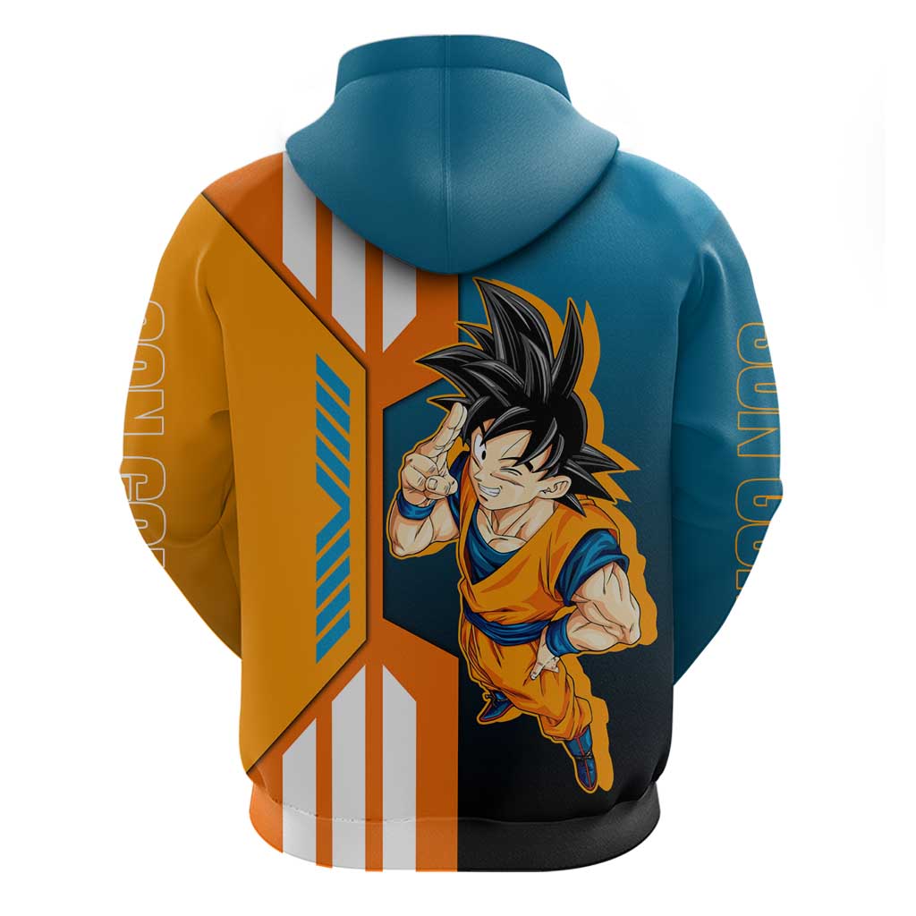 Son Goku from Dragon Ball Zip Hoodie with Orange Gi, Power Pose, and Energy Effect Design - The Mazicc