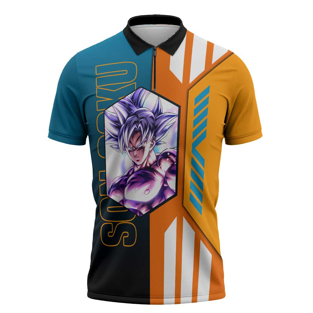 Son Goku from Dragon Ball Zipper Polo Shirt with Orange Gi, Power Pose, and Energy Effect Design - The Mazicc