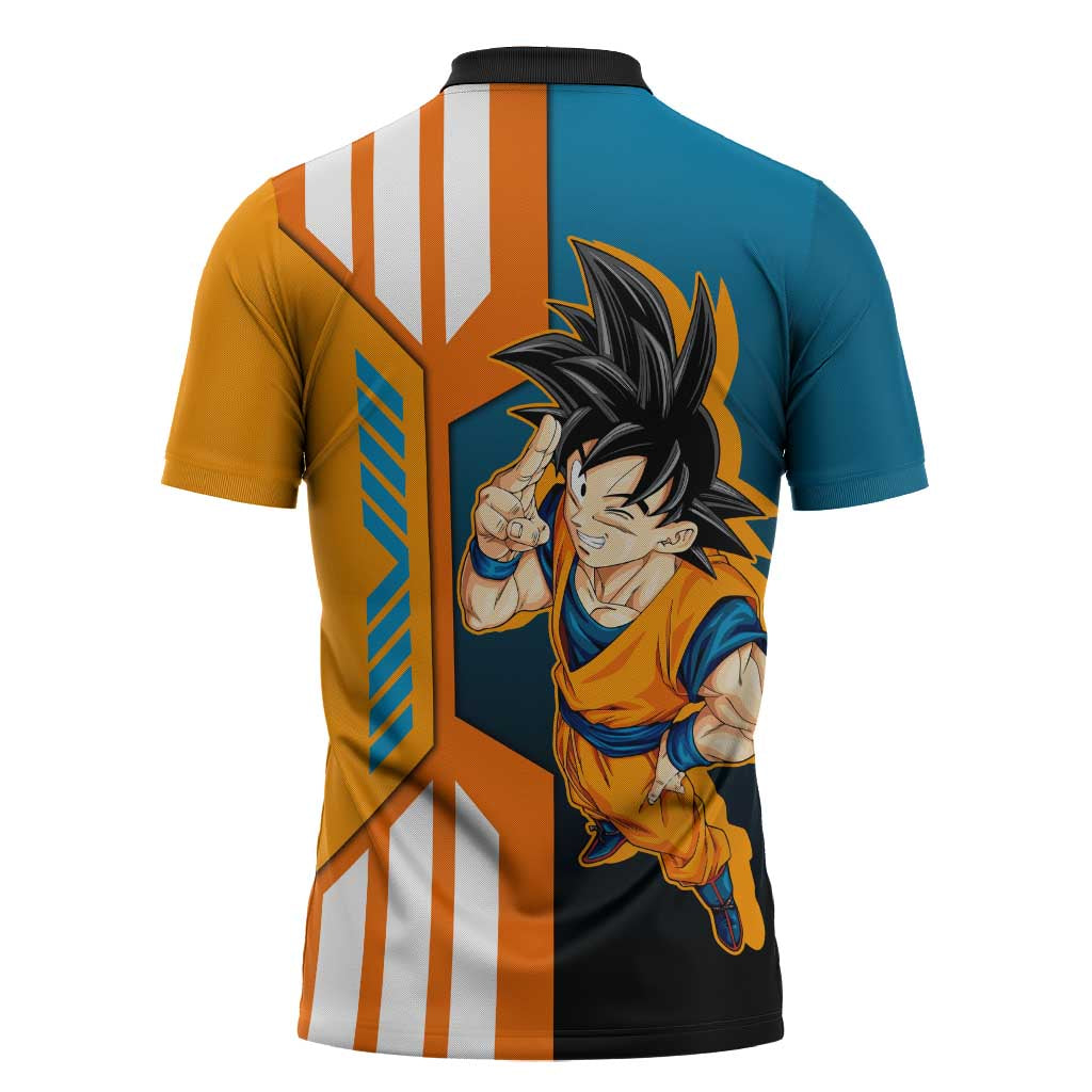 Son Goku from Dragon Ball Zipper Polo Shirt with Orange Gi, Power Pose, and Energy Effect Design - The Mazicc