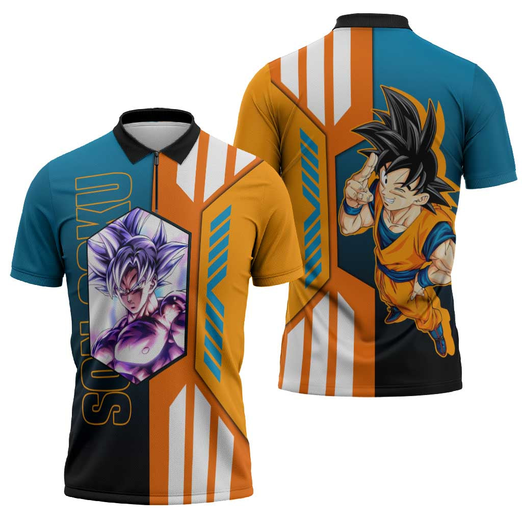 Son Goku from Dragon Ball Zipper Polo Shirt with Orange Gi, Power Pose, and Energy Effect Design - The Mazicc