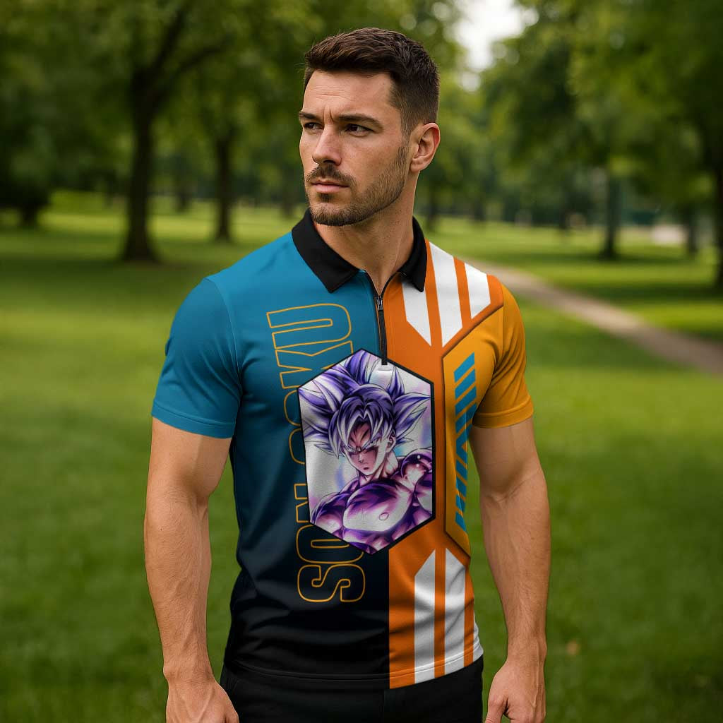 Son Goku from Dragon Ball Zipper Polo Shirt with Orange Gi, Power Pose, and Energy Effect Design - The Mazicc