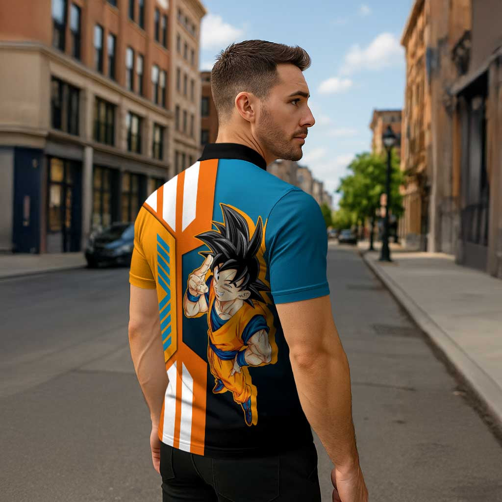 Son Goku from Dragon Ball Zipper Polo Shirt with Orange Gi, Power Pose, and Energy Effect Design - The Mazicc