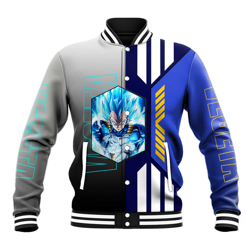 Vegeta from Dragon Ball Baseball Jacket with Super Saiyan Blue Form and Action Pose Design - The Mazicc