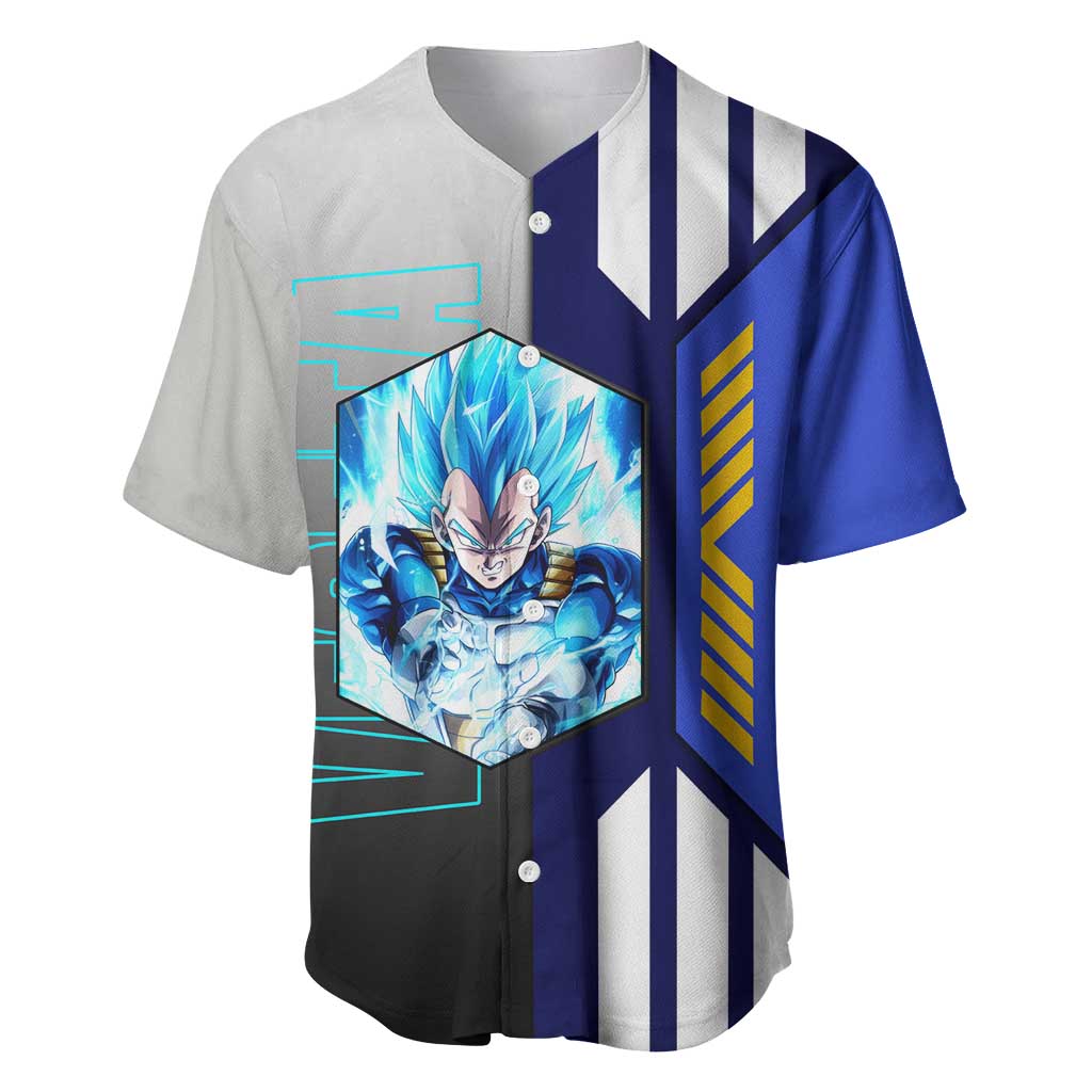 Vegeta from Dragon Ball Baseball Jersey with Super Saiyan Blue Form and Action Pose Design - The Mazicc