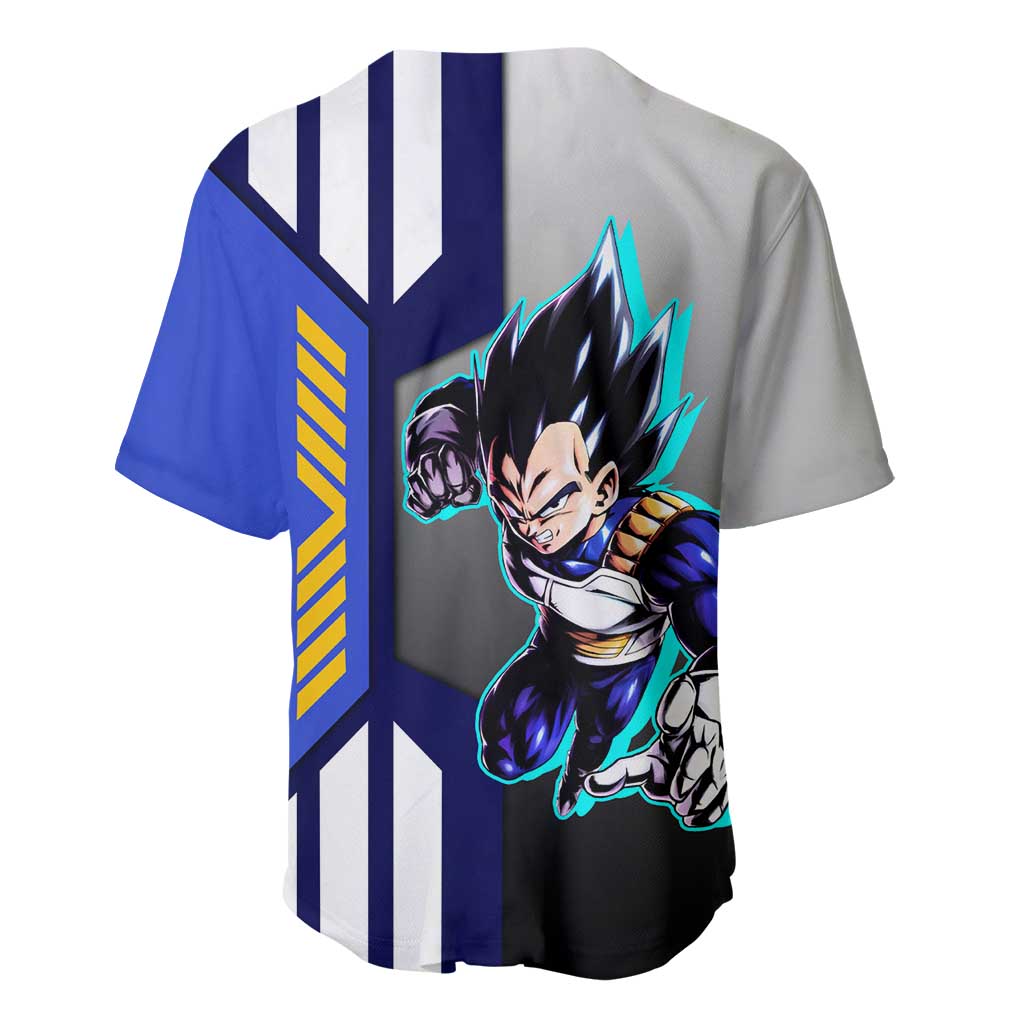 Vegeta from Dragon Ball Baseball Jersey with Super Saiyan Blue Form and Action Pose Design - The Mazicc
