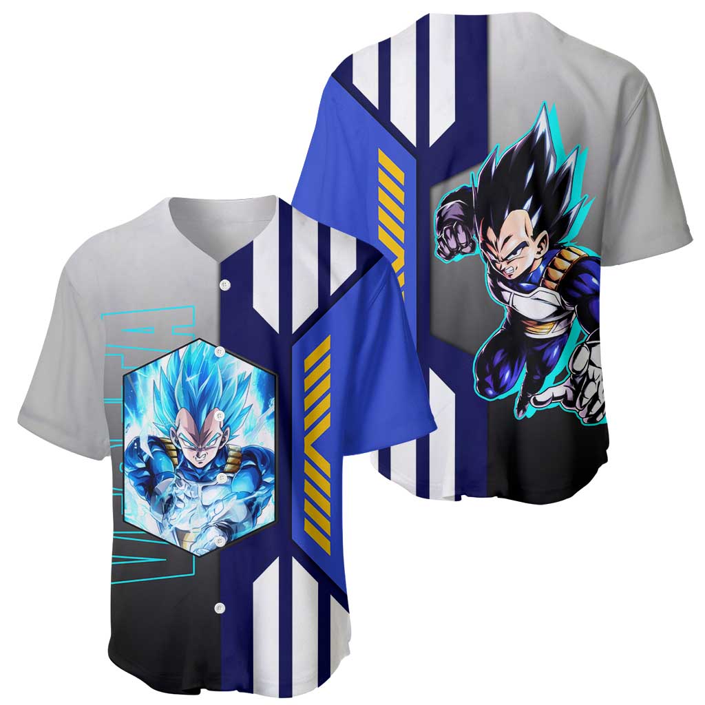 Vegeta from Dragon Ball Baseball Jersey with Super Saiyan Blue Form and Action Pose Design - The Mazicc