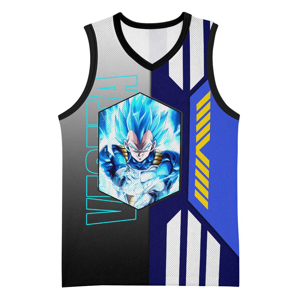 Vegeta from Dragon Ball Basketball Jersey with Super Saiyan Blue Form and Action Pose Design - The Mazicc