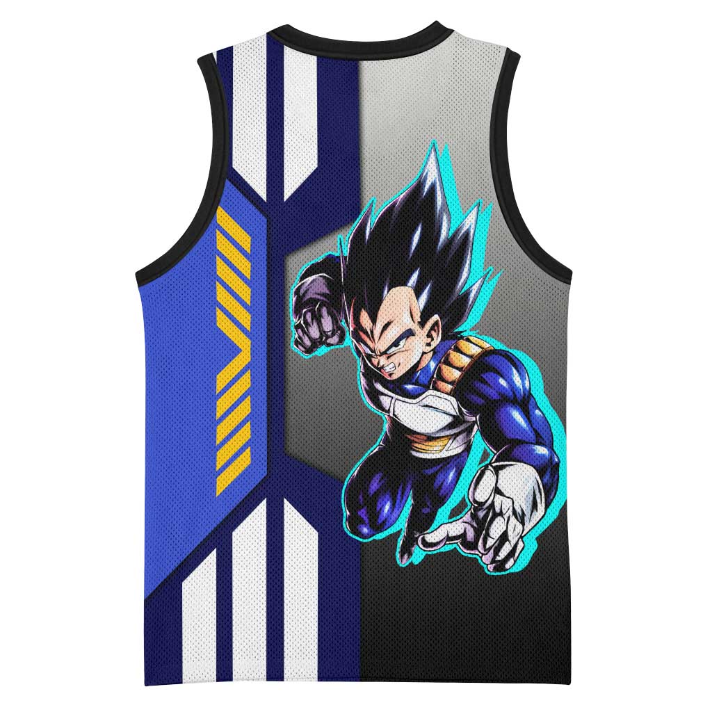 Vegeta from Dragon Ball Basketball Jersey with Super Saiyan Blue Form and Action Pose Design - The Mazicc