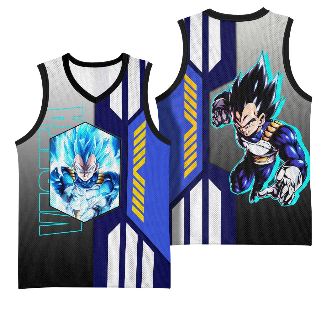 Vegeta from Dragon Ball Basketball Jersey with Super Saiyan Blue Form and Action Pose Design - The Mazicc