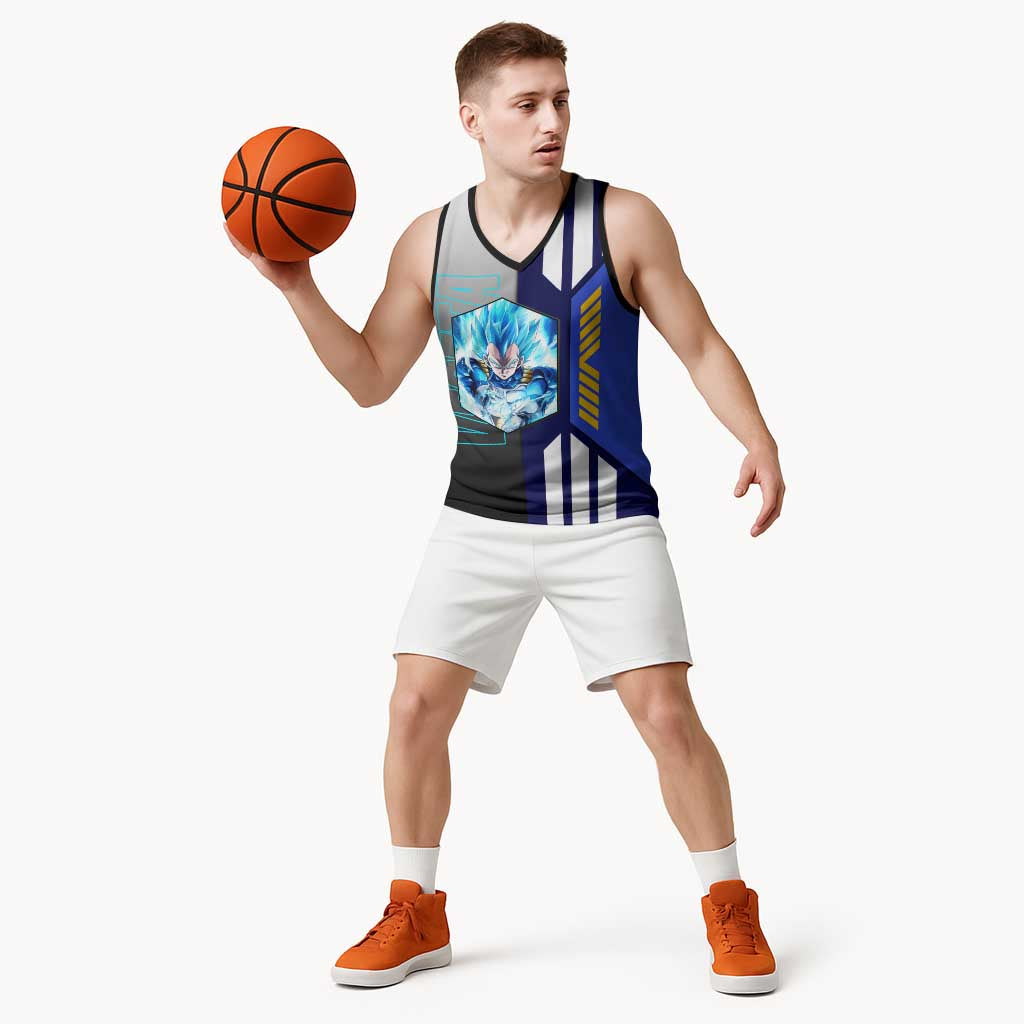 Vegeta from Dragon Ball Basketball Jersey with Super Saiyan Blue Form and Action Pose Design - The Mazicc