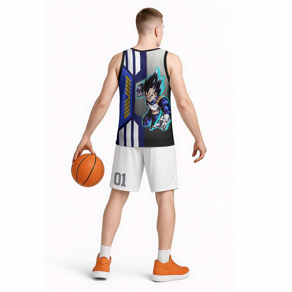 Vegeta from Dragon Ball Basketball Jersey with Super Saiyan Blue Form and Action Pose Design - The Mazicc
