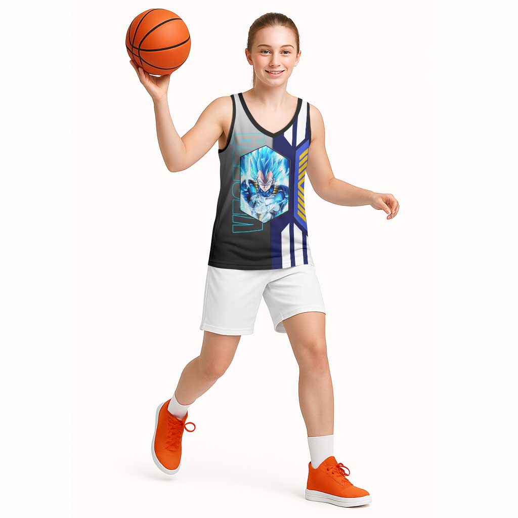 Vegeta from Dragon Ball Basketball Jersey with Super Saiyan Blue Form and Action Pose Design - The Mazicc