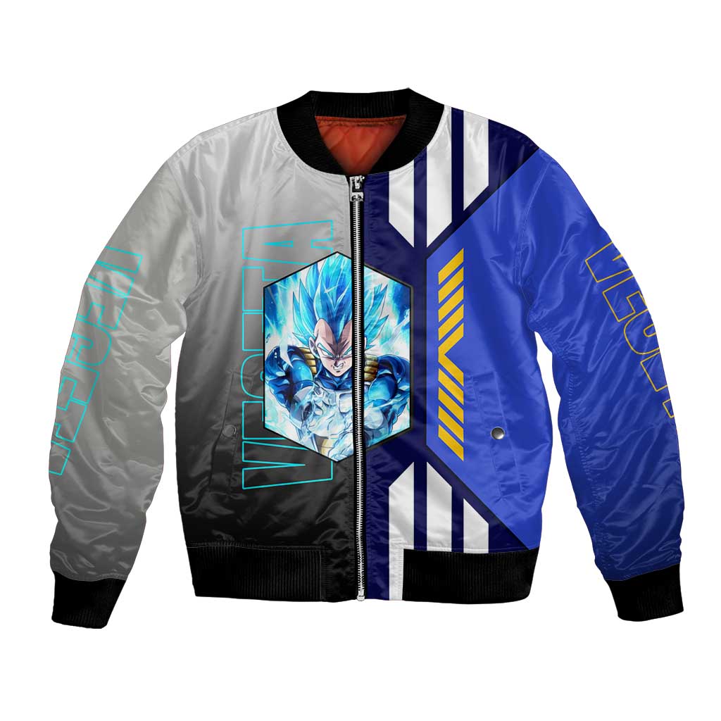 Vegeta from Dragon Ball Bomber Jacket with Super Saiyan Blue Form and Action Pose Design - The Mazicc