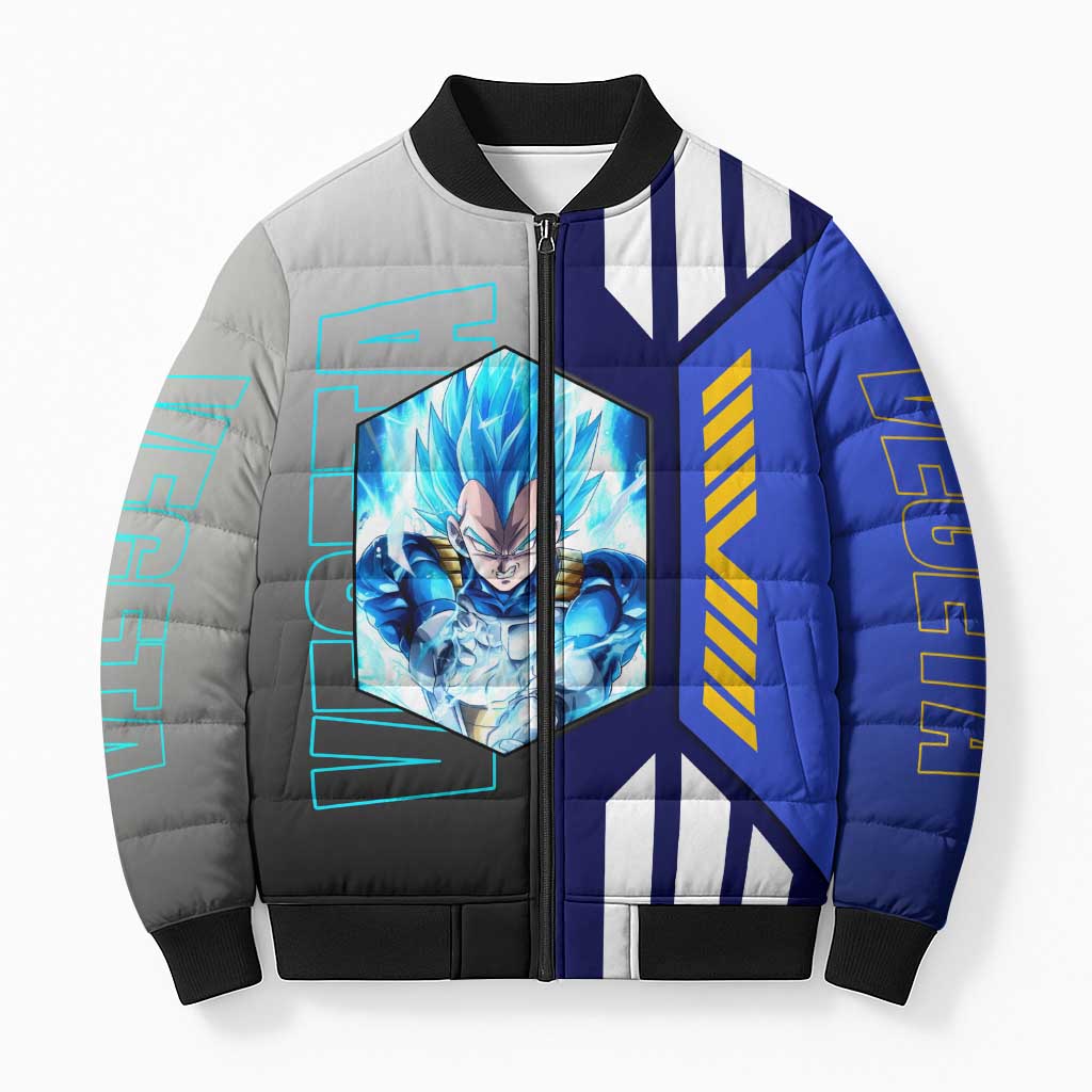 Vegeta from Dragon Ball Bomber Puffer Jacket with Super Saiyan Blue Form and Action Pose Design - The Mazicc