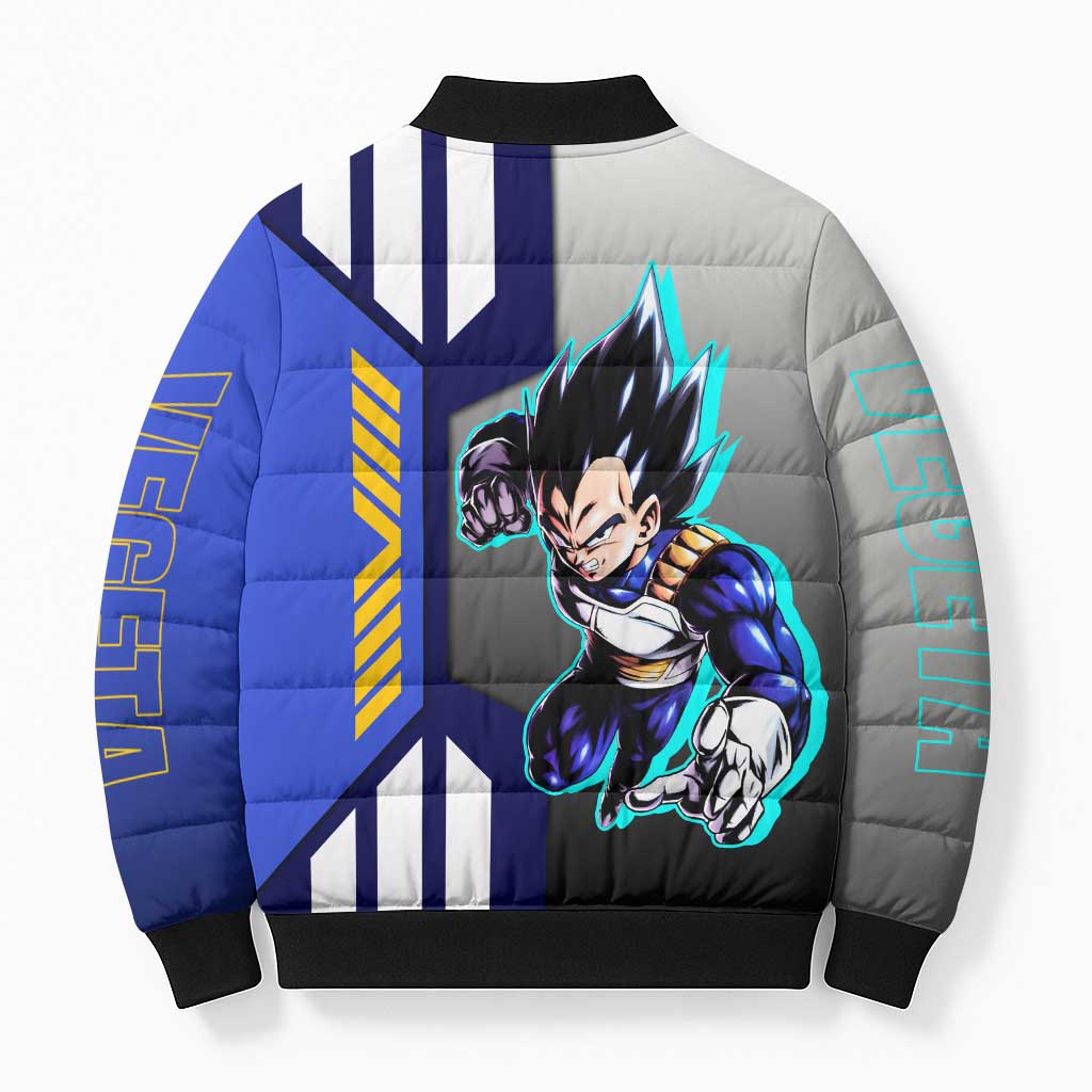 Vegeta from Dragon Ball Bomber Puffer Jacket with Super Saiyan Blue Form and Action Pose Design - The Mazicc