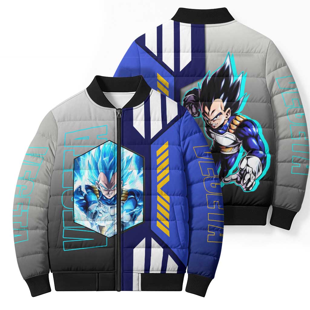 Vegeta from Dragon Ball Bomber Puffer Jacket with Super Saiyan Blue Form and Action Pose Design - The Mazicc