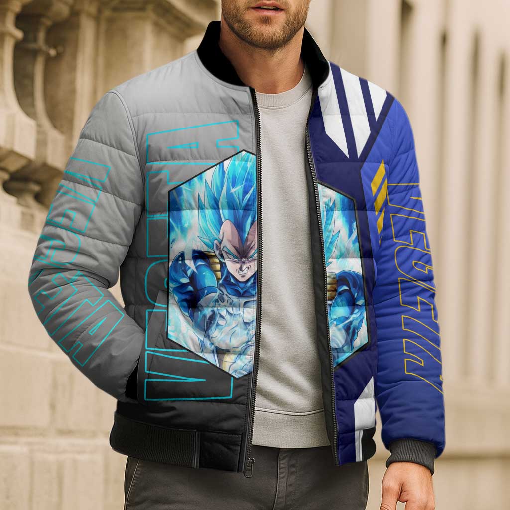 Vegeta from Dragon Ball Bomber Puffer Jacket with Super Saiyan Blue Form and Action Pose Design - The Mazicc