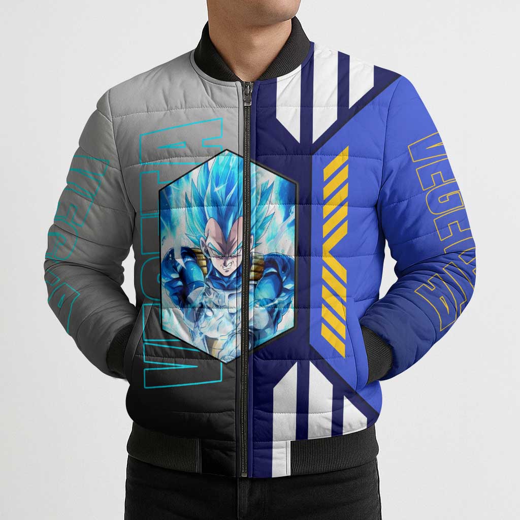 Vegeta from Dragon Ball Bomber Puffer Jacket with Super Saiyan Blue Form and Action Pose Design - The Mazicc