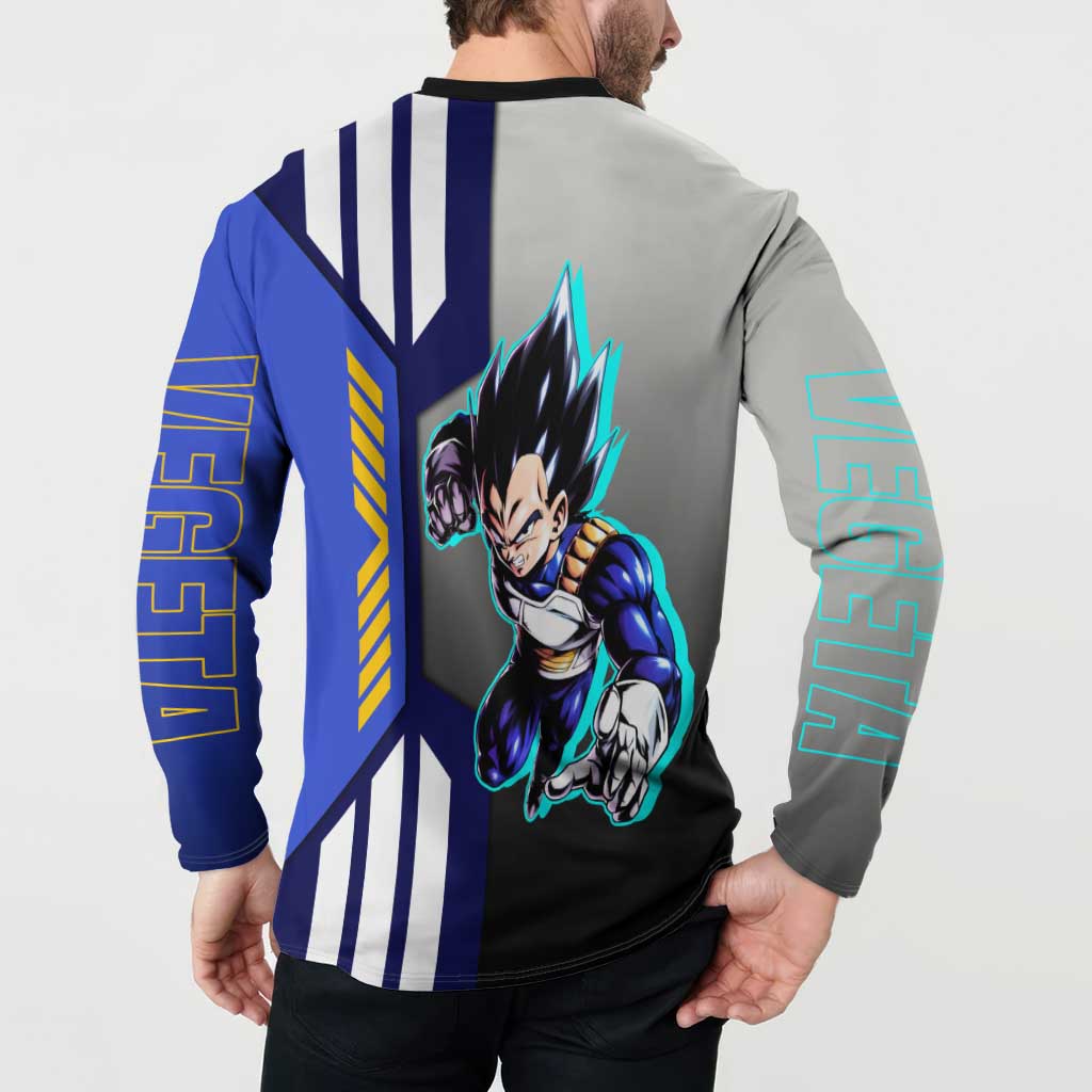 Vegeta from Dragon Ball Button Sweatshirt with Super Saiyan Blue Form and Action Pose Design - The Mazicc