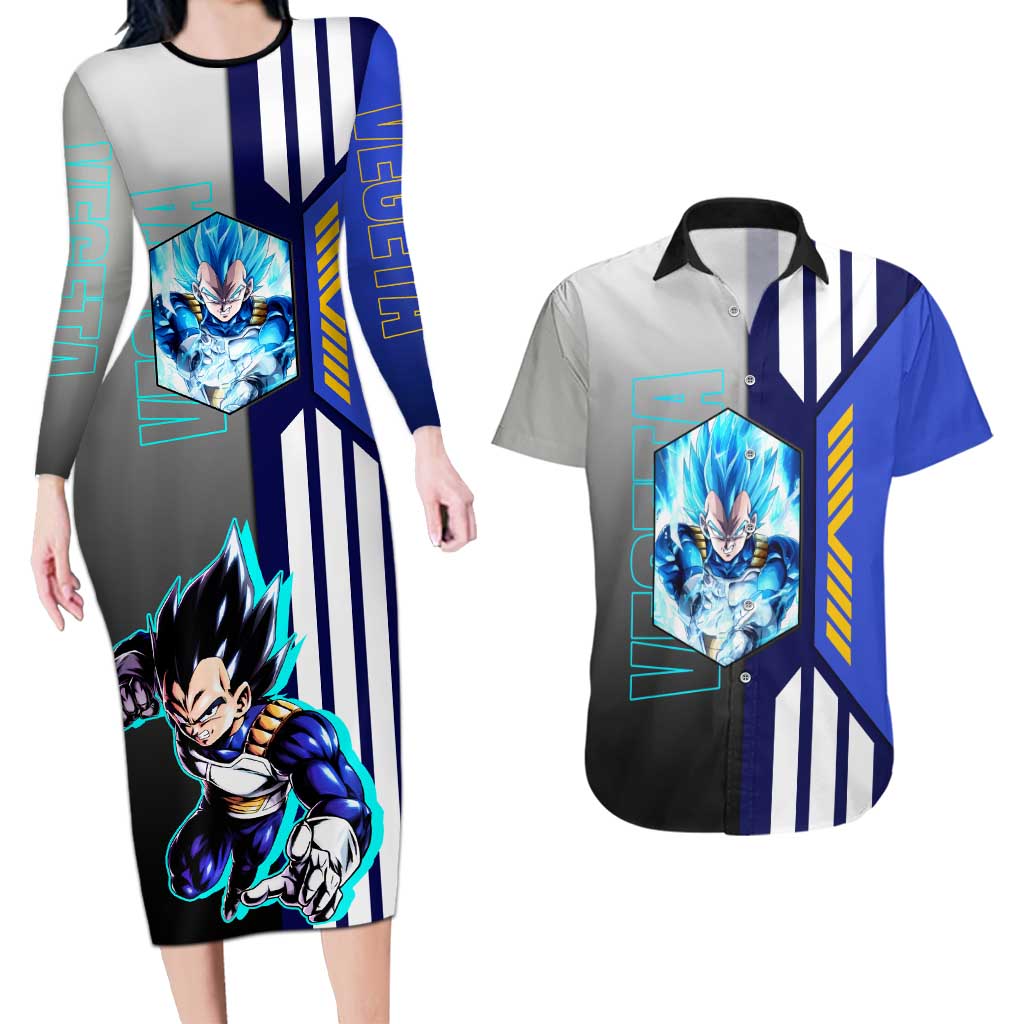 Vegeta from Dragon Ball Couples Matching Long Sleeve Bodycon Dress and Hawaiian Shirt with Super Saiyan Blue Form and Action Pose Design - The Mazicc