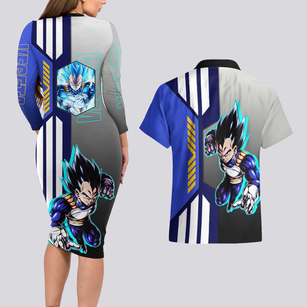 Vegeta from Dragon Ball Couples Matching Long Sleeve Bodycon Dress and Hawaiian Shirt with Super Saiyan Blue Form and Action Pose Design - The Mazicc