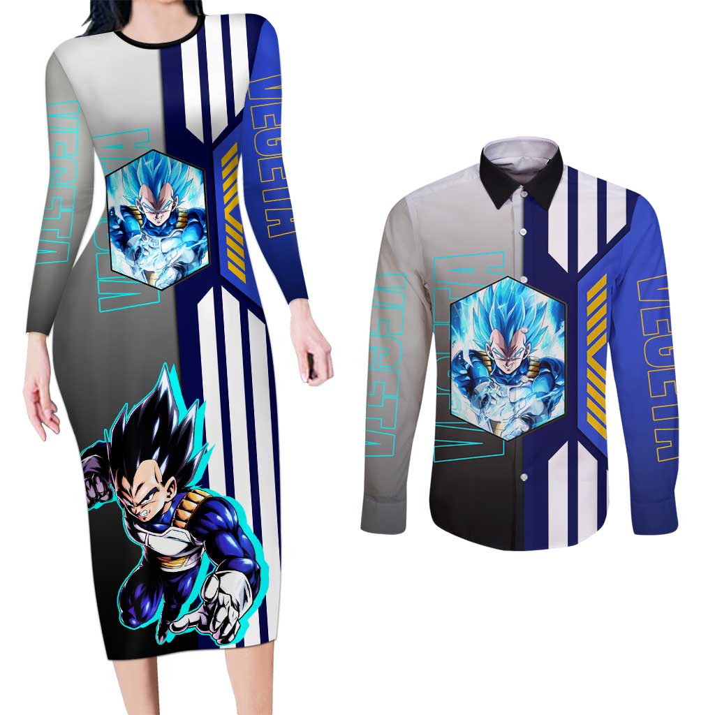 Vegeta from Dragon Ball Couples Matching Long Sleeve Bodycon Dress and Long Sleeve Button Shirt with Super Saiyan Blue Form and Action Pose Design - The Mazicc