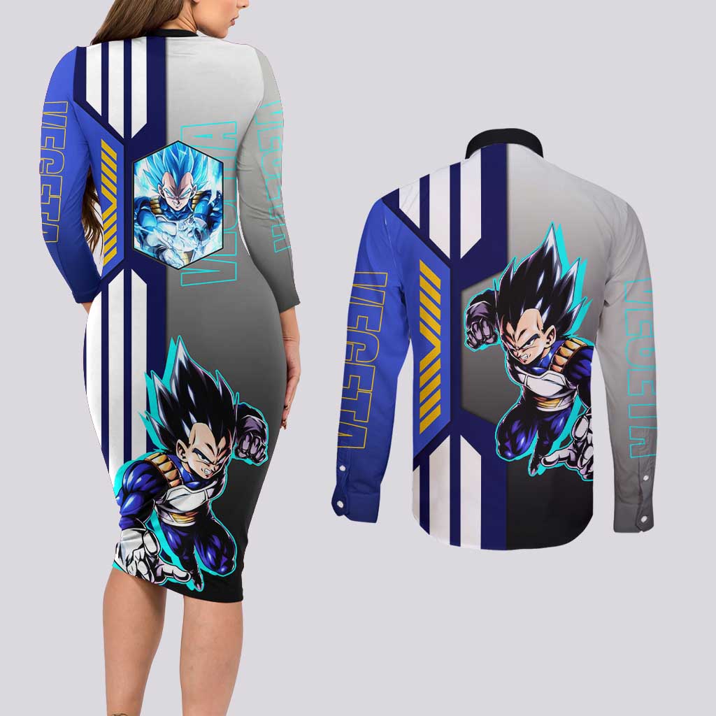 Vegeta from Dragon Ball Couples Matching Long Sleeve Bodycon Dress and Long Sleeve Button Shirt with Super Saiyan Blue Form and Action Pose Design - The Mazicc