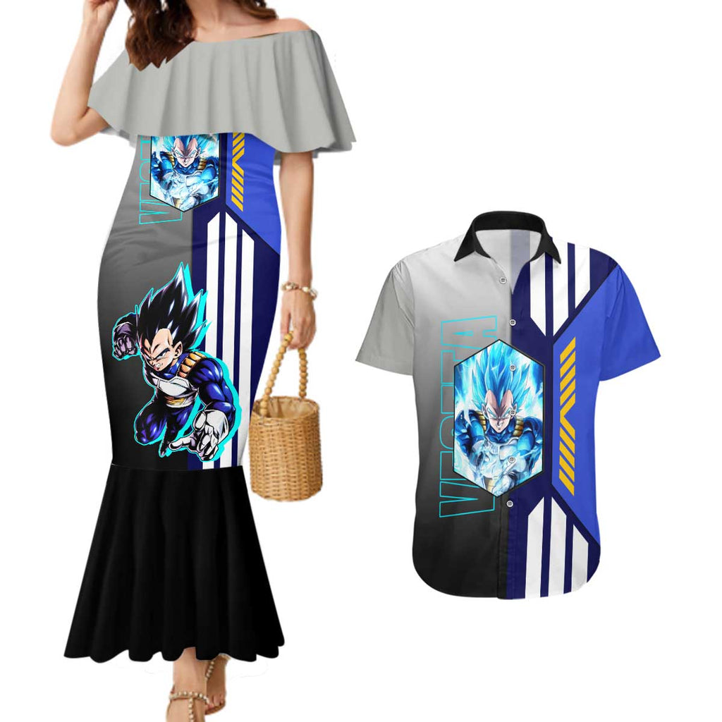 Vegeta from Dragon Ball Couples Matching Mermaid Dress and Hawaiian Shirt with Super Saiyan Blue Form and Action Pose Design - The Mazicc