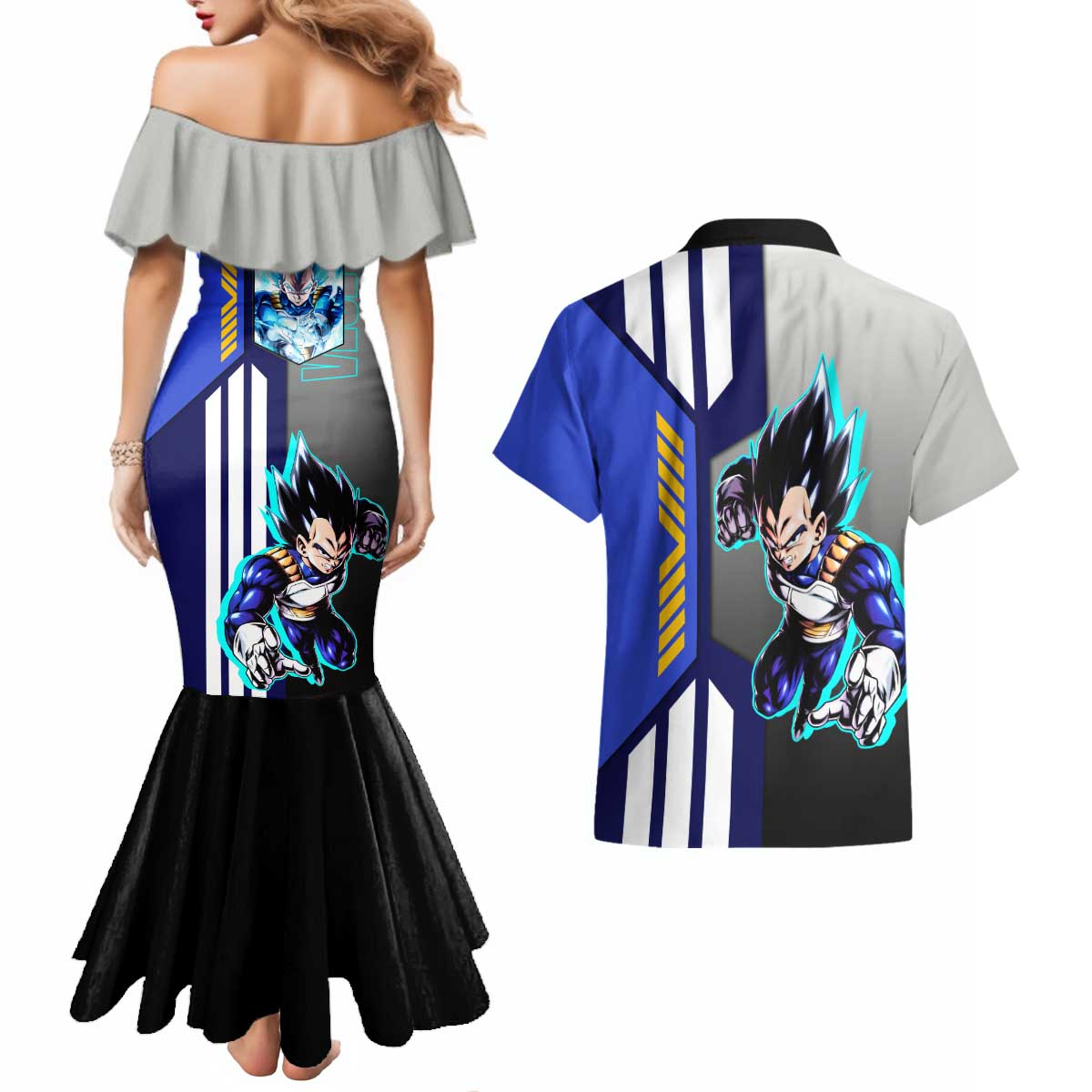 Vegeta from Dragon Ball Couples Matching Mermaid Dress and Hawaiian Shirt with Super Saiyan Blue Form and Action Pose Design - The Mazicc