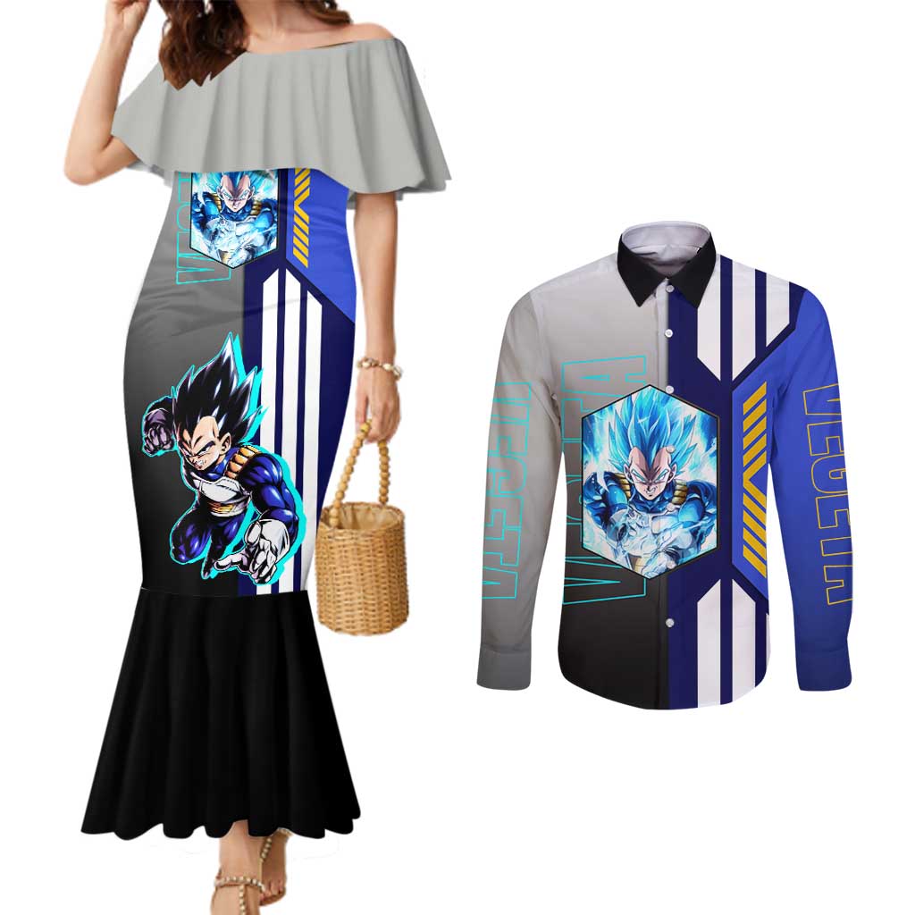 Vegeta from Dragon Ball Couples Matching Mermaid Dress and Long Sleeve Button Shirt with Super Saiyan Blue Form and Action Pose Design - The Mazicc