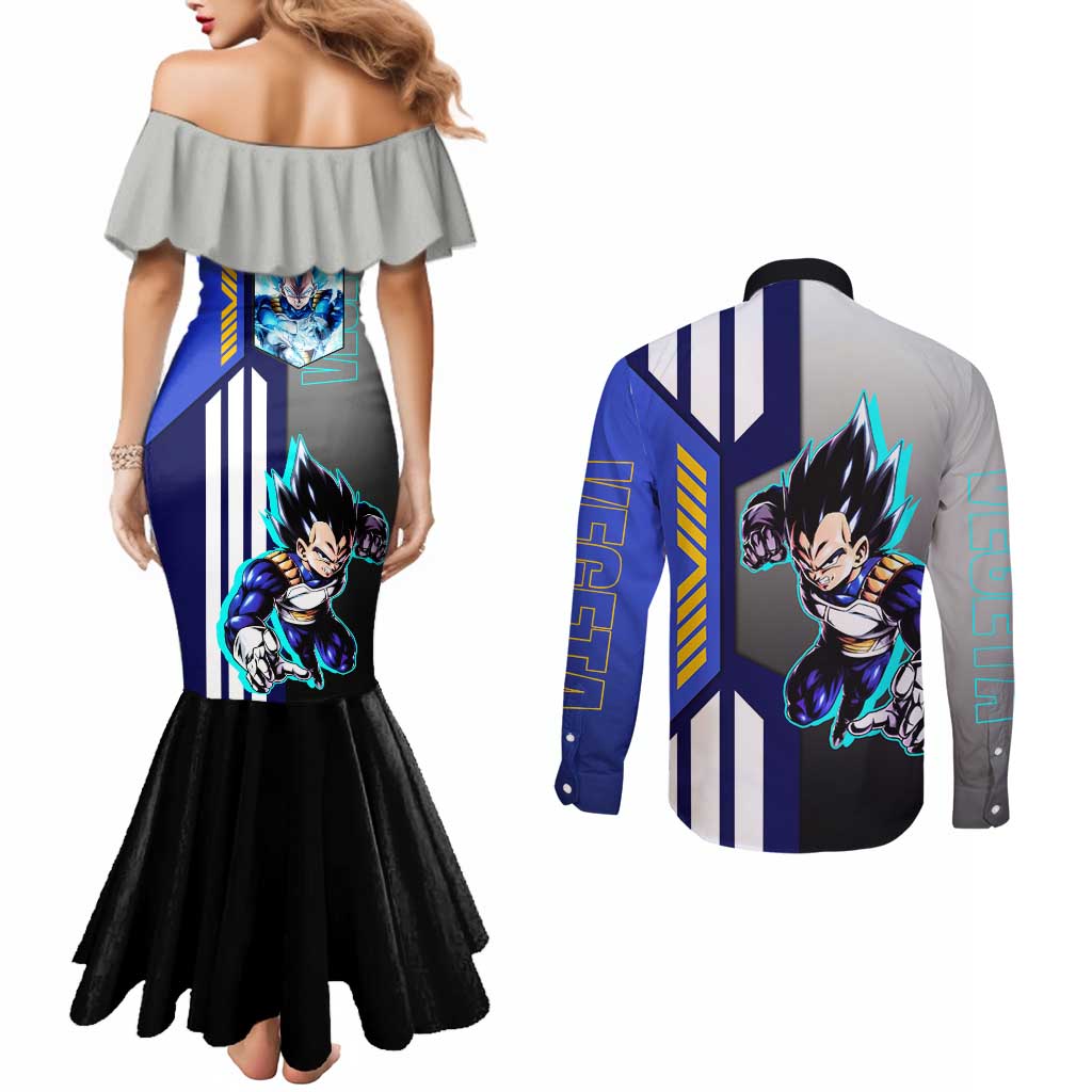 Vegeta from Dragon Ball Couples Matching Mermaid Dress and Long Sleeve Button Shirt with Super Saiyan Blue Form and Action Pose Design - The Mazicc