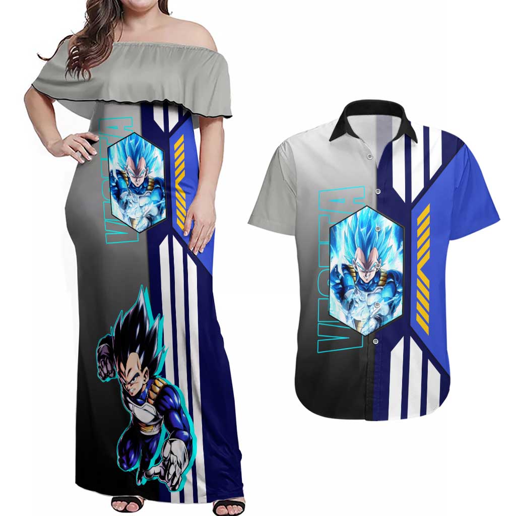 Vegeta from Dragon Ball Couples Matching Off Shoulder Maxi Dress and Hawaiian Shirt with Super Saiyan Blue Form and Action Pose Design - The Mazicc