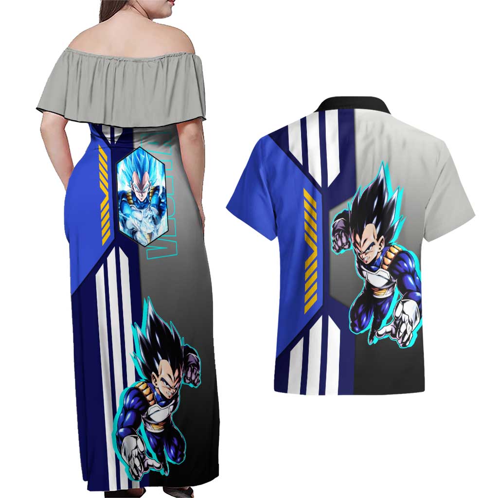 Vegeta from Dragon Ball Couples Matching Off Shoulder Maxi Dress and Hawaiian Shirt with Super Saiyan Blue Form and Action Pose Design - The Mazicc