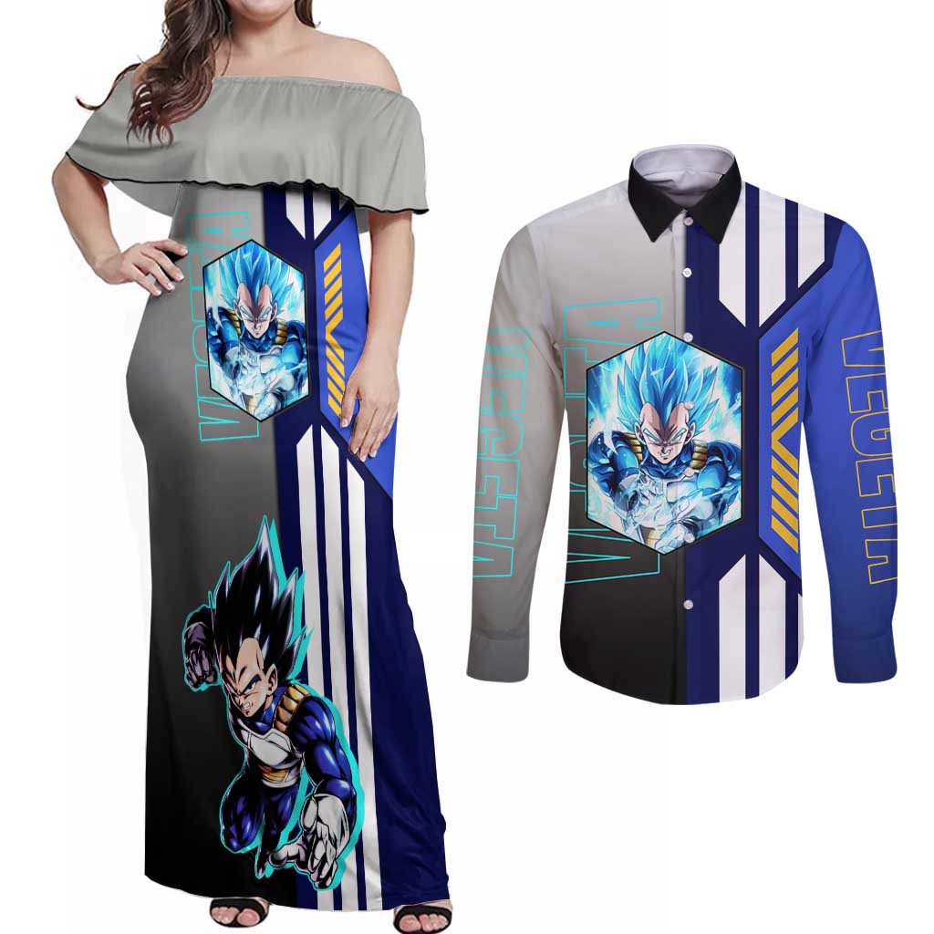 Vegeta from Dragon Ball Couples Matching Off Shoulder Maxi Dress and Long Sleeve Button Shirt with Super Saiyan Blue Form and Action Pose Design - The Mazicc
