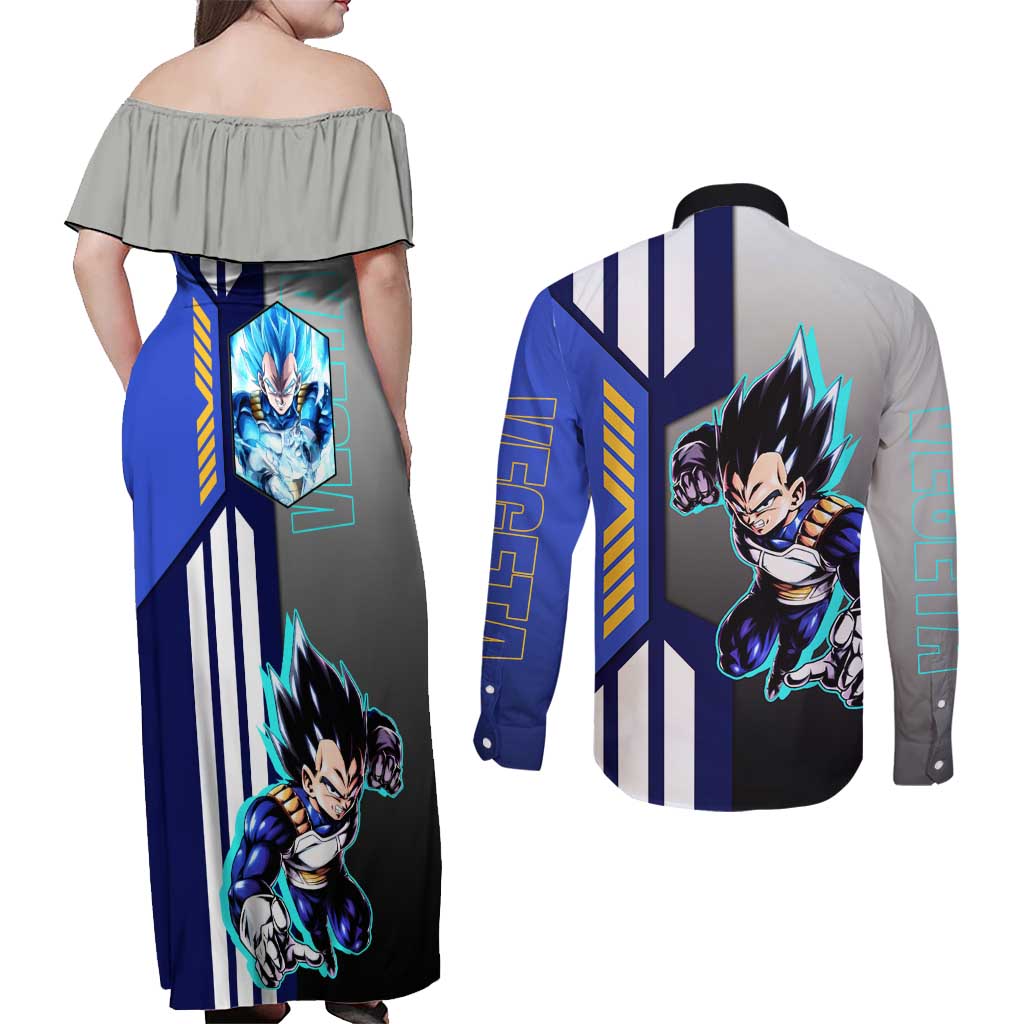 Vegeta from Dragon Ball Couples Matching Off Shoulder Maxi Dress and Long Sleeve Button Shirt with Super Saiyan Blue Form and Action Pose Design - The Mazicc