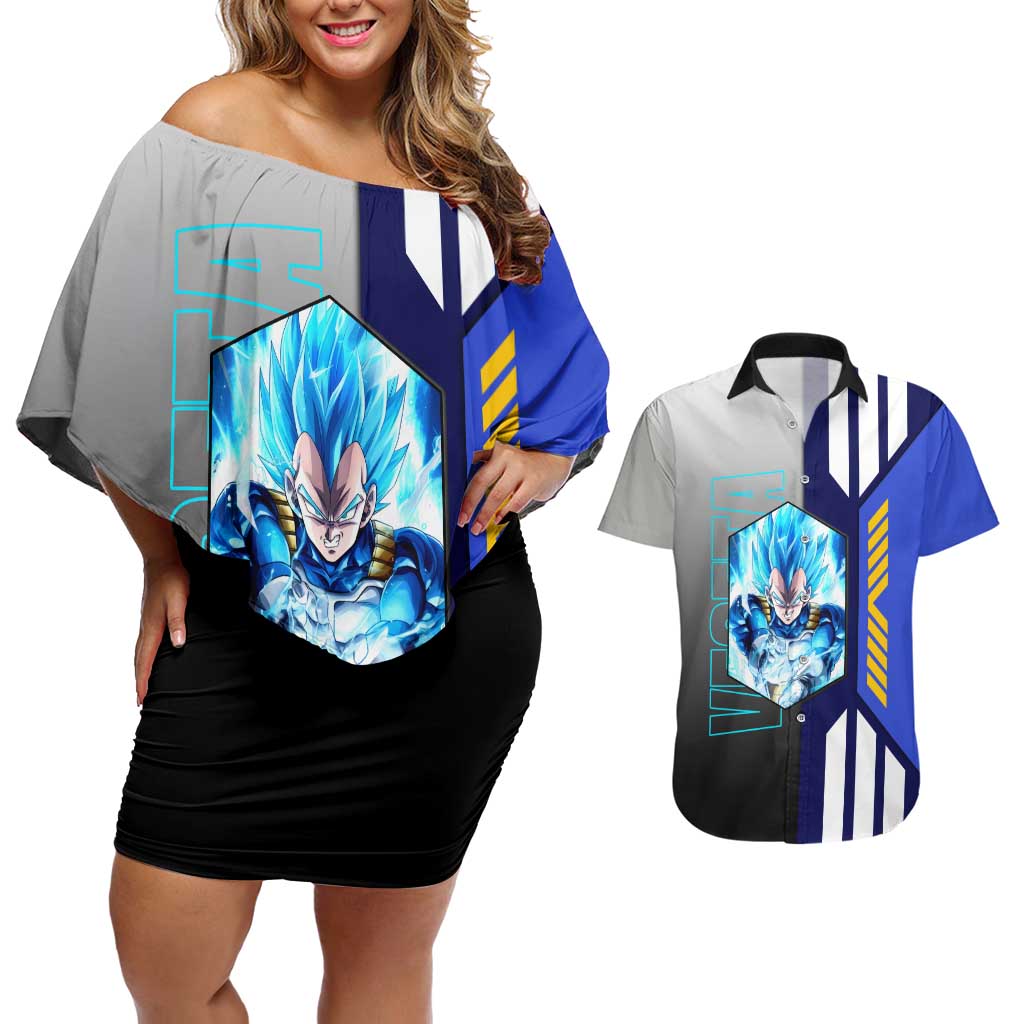Vegeta from Dragon Ball Couples Matching Off Shoulder Short Dress and Hawaiian Shirt with Super Saiyan Blue Form and Action Pose Design - The Mazicc