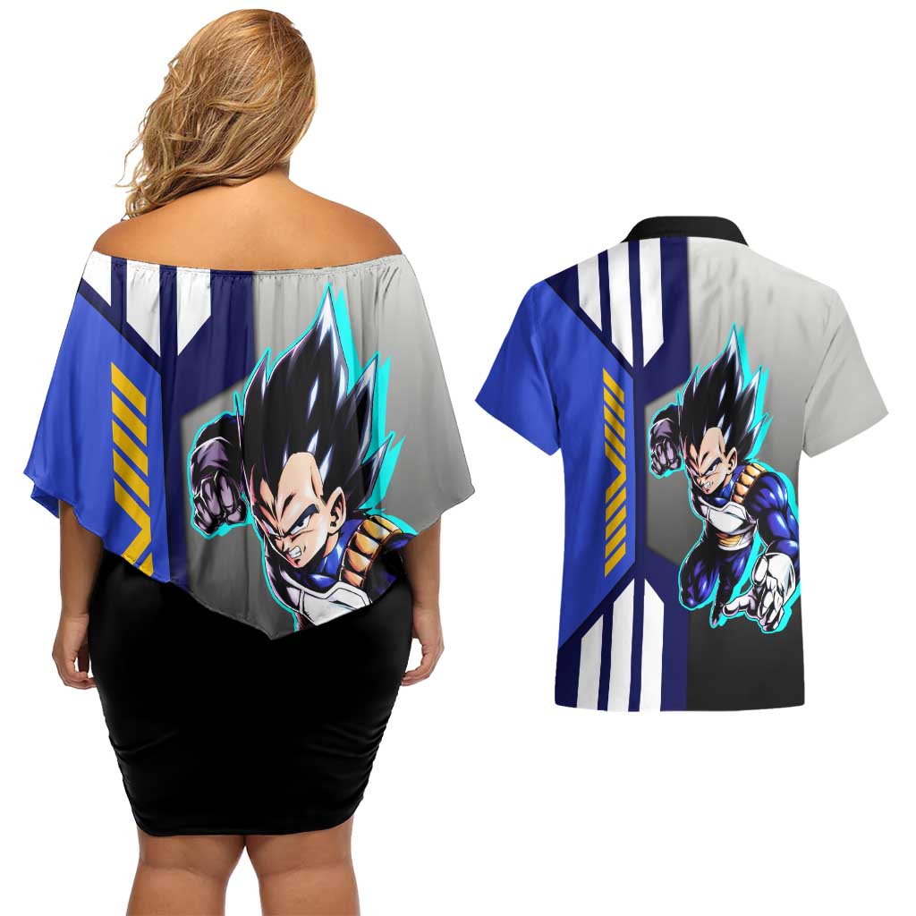 Vegeta from Dragon Ball Couples Matching Off Shoulder Short Dress and Hawaiian Shirt with Super Saiyan Blue Form and Action Pose Design - The Mazicc
