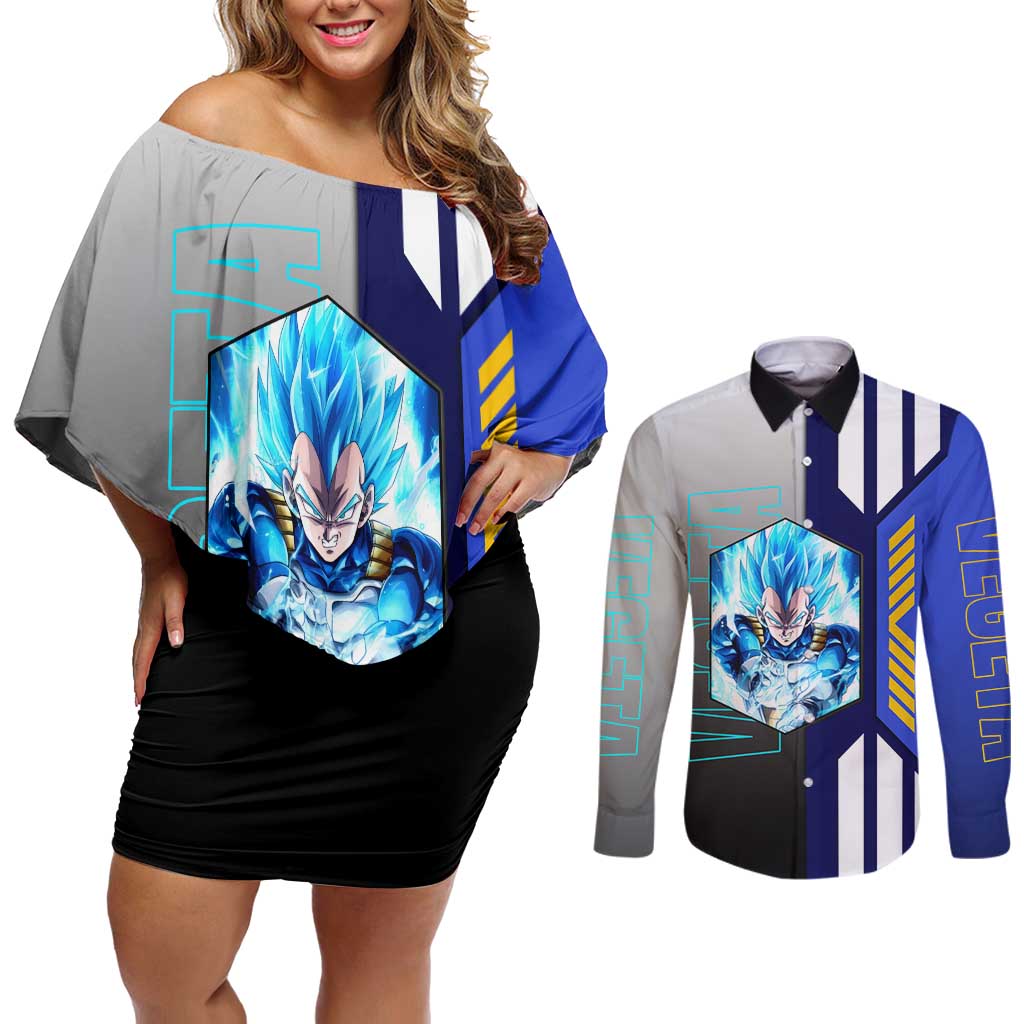 Vegeta from Dragon Ball Couples Matching Off Shoulder Short Dress and Long Sleeve Button Shirt with Super Saiyan Blue Form and Action Pose Design - The Mazicc