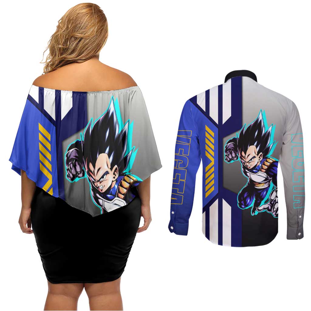 Vegeta from Dragon Ball Couples Matching Off Shoulder Short Dress and Long Sleeve Button Shirt with Super Saiyan Blue Form and Action Pose Design - The Mazicc