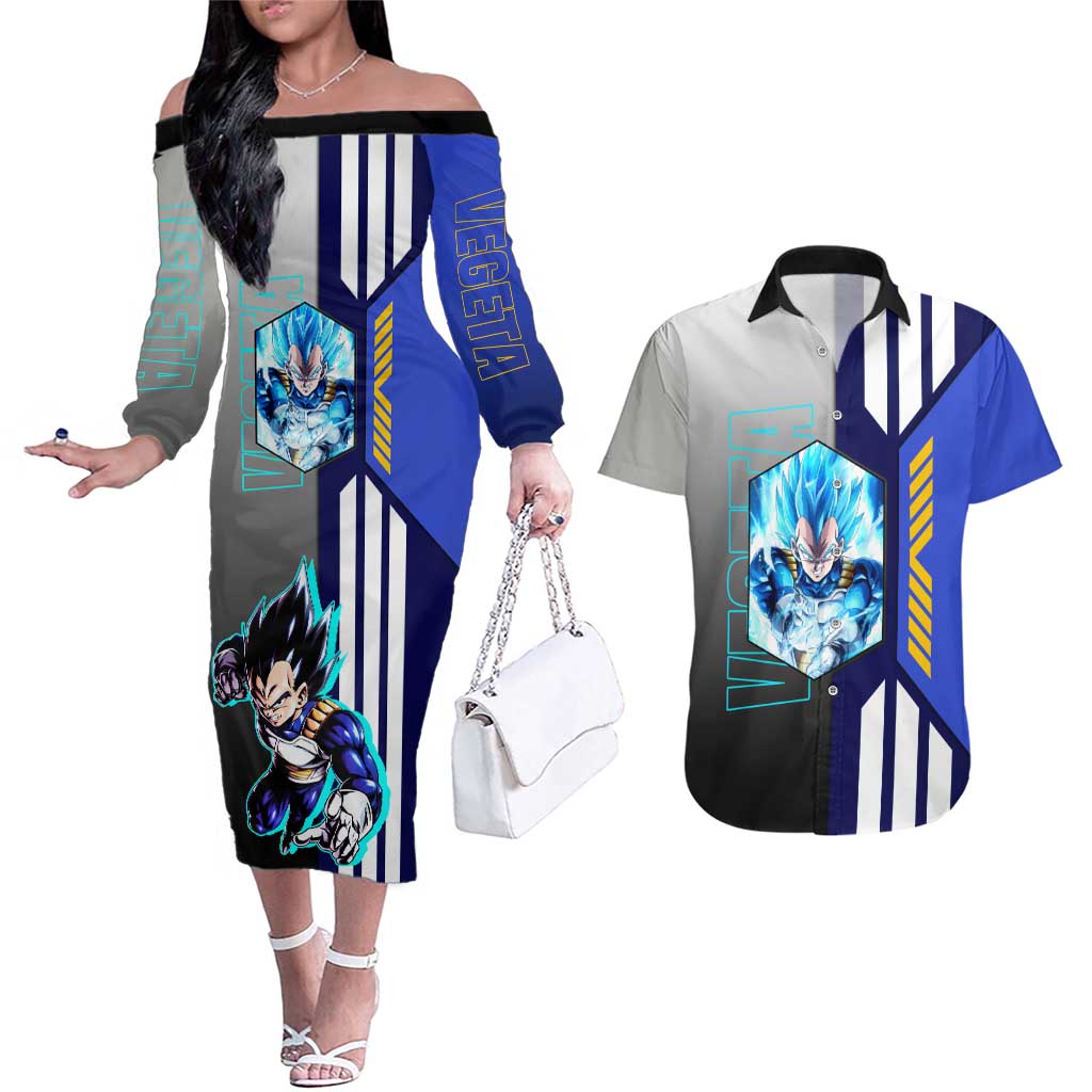 Vegeta from Dragon Ball Couples Matching Off The Shoulder Long Sleeve Dress and Hawaiian Shirt with Super Saiyan Blue Form and Action Pose Design - The Mazicc