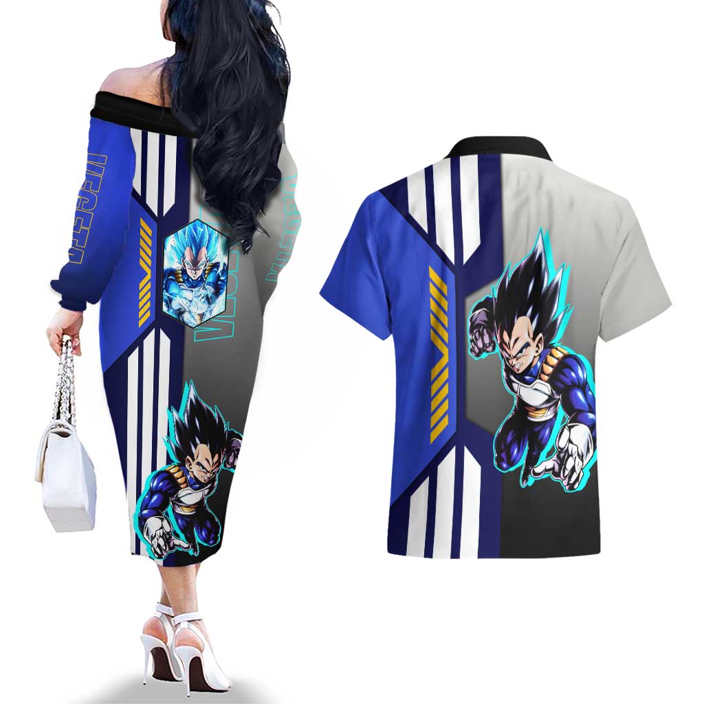 Vegeta from Dragon Ball Couples Matching Off The Shoulder Long Sleeve Dress and Hawaiian Shirt with Super Saiyan Blue Form and Action Pose Design - The Mazicc
