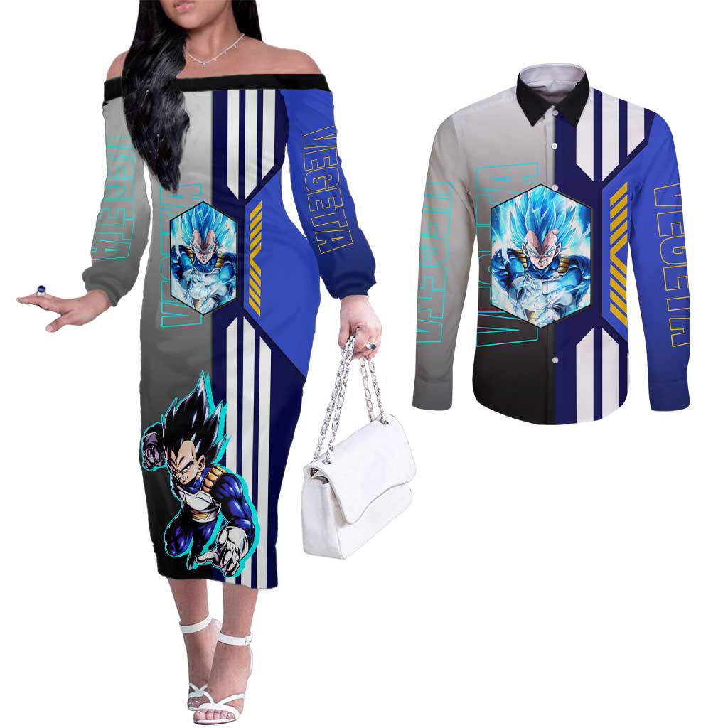 Vegeta from Dragon Ball Couples Matching Off The Shoulder Long Sleeve Dress and Long Sleeve Button Shirt with Super Saiyan Blue Form and Action Pose Design - The Mazicc