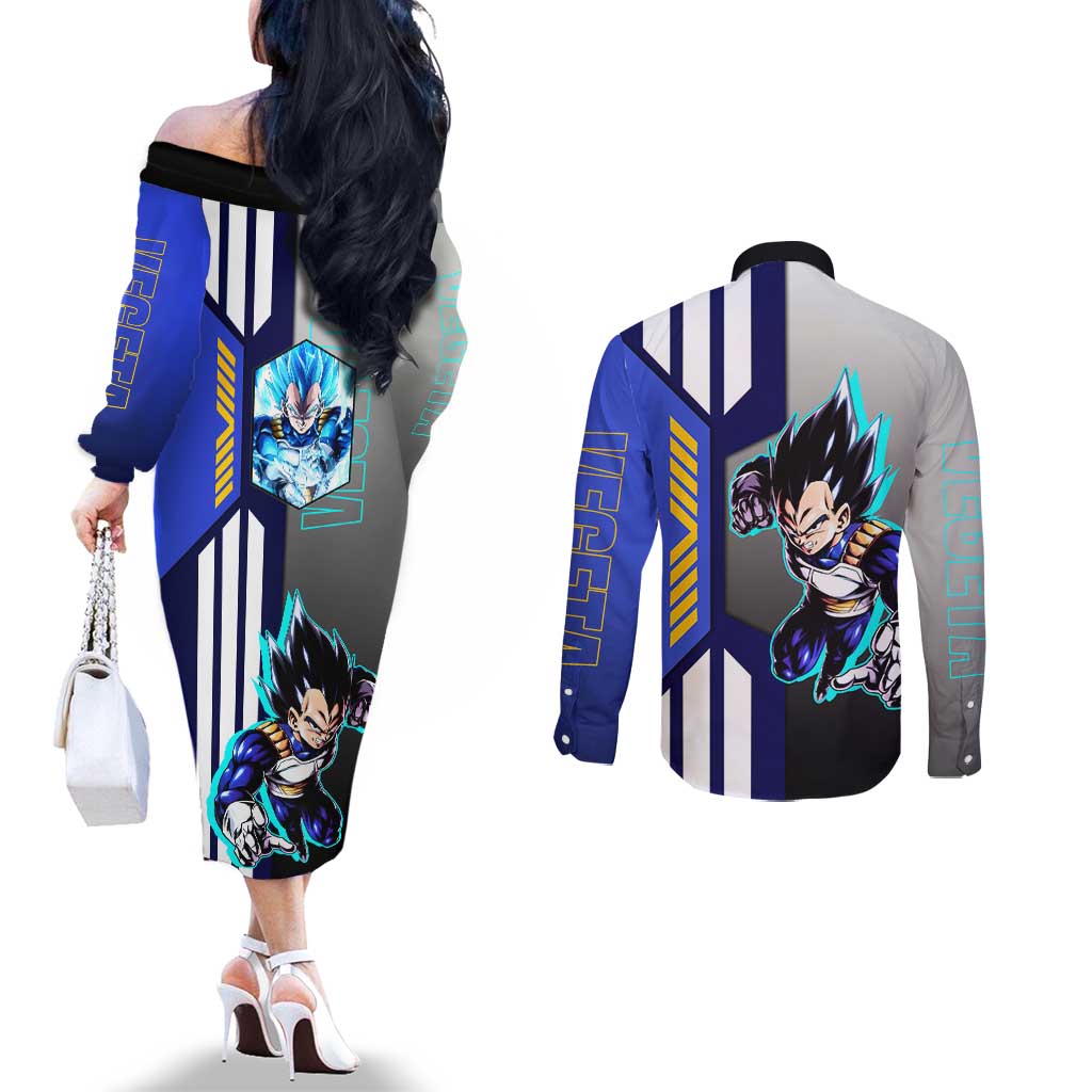 Vegeta from Dragon Ball Couples Matching Off The Shoulder Long Sleeve Dress and Long Sleeve Button Shirt with Super Saiyan Blue Form and Action Pose Design - The Mazicc