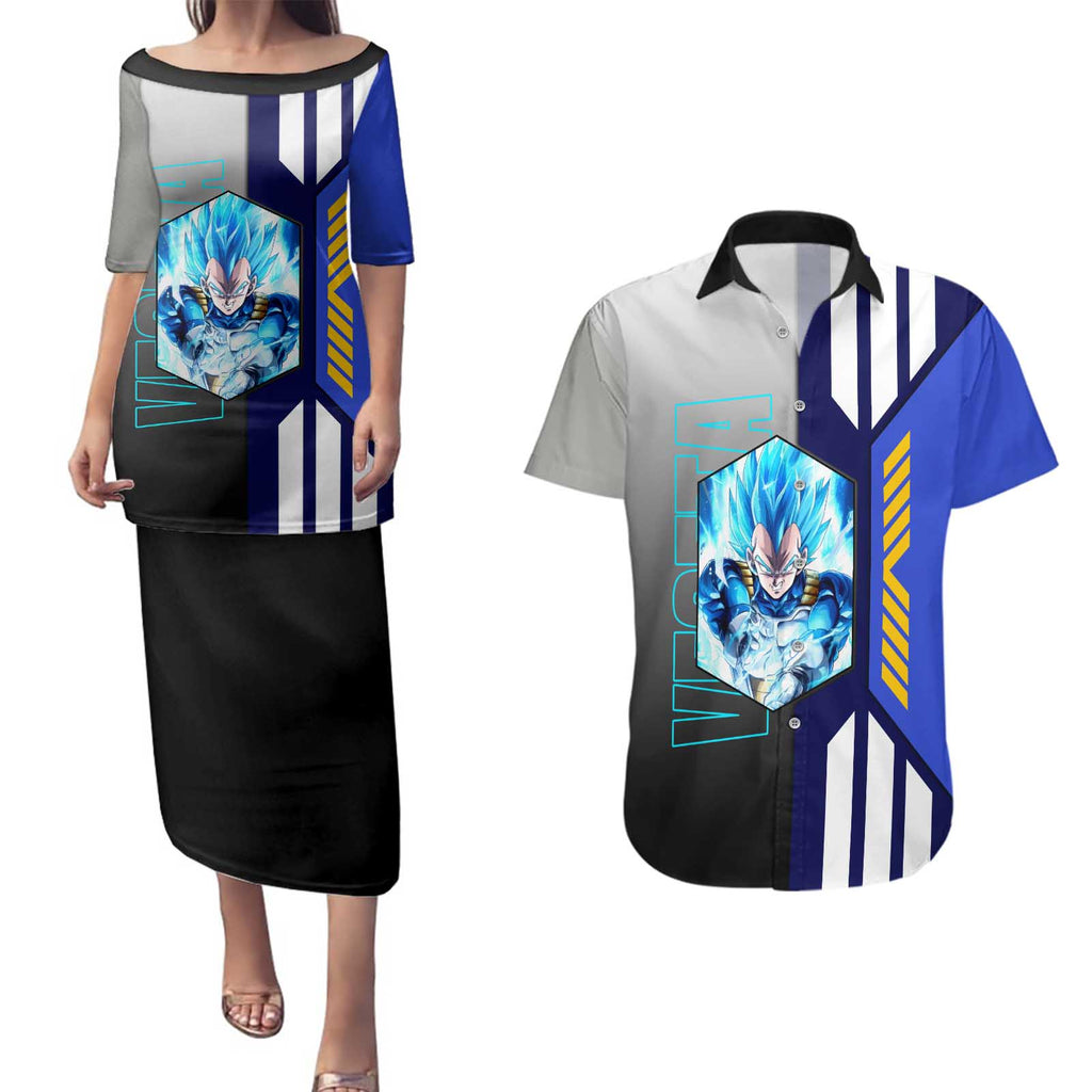 Vegeta from Dragon Ball Couples Matching Puletasi and Hawaiian Shirt with Super Saiyan Blue Form and Action Pose Design - The Mazicc