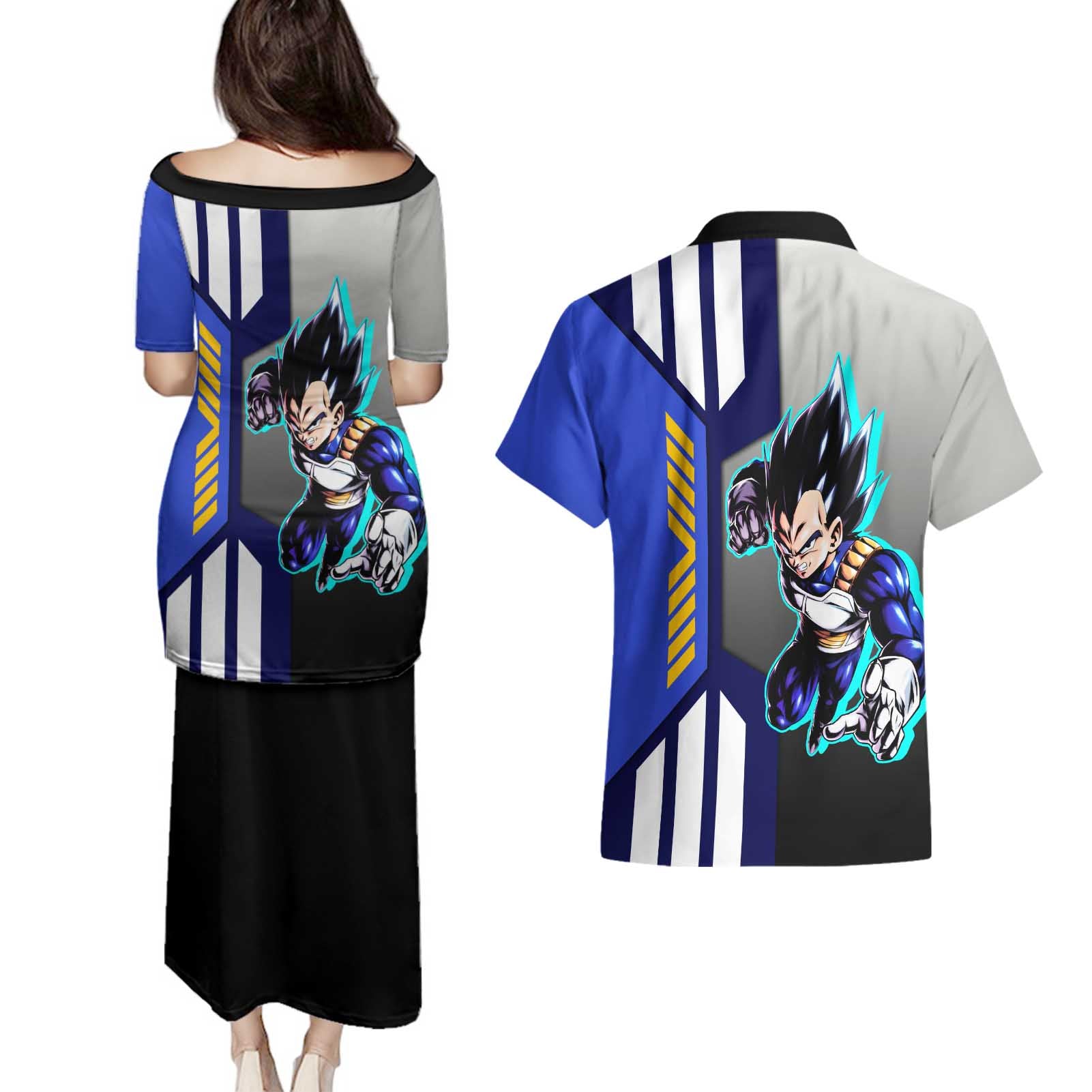 Vegeta from Dragon Ball Couples Matching Puletasi and Hawaiian Shirt with Super Saiyan Blue Form and Action Pose Design - The Mazicc