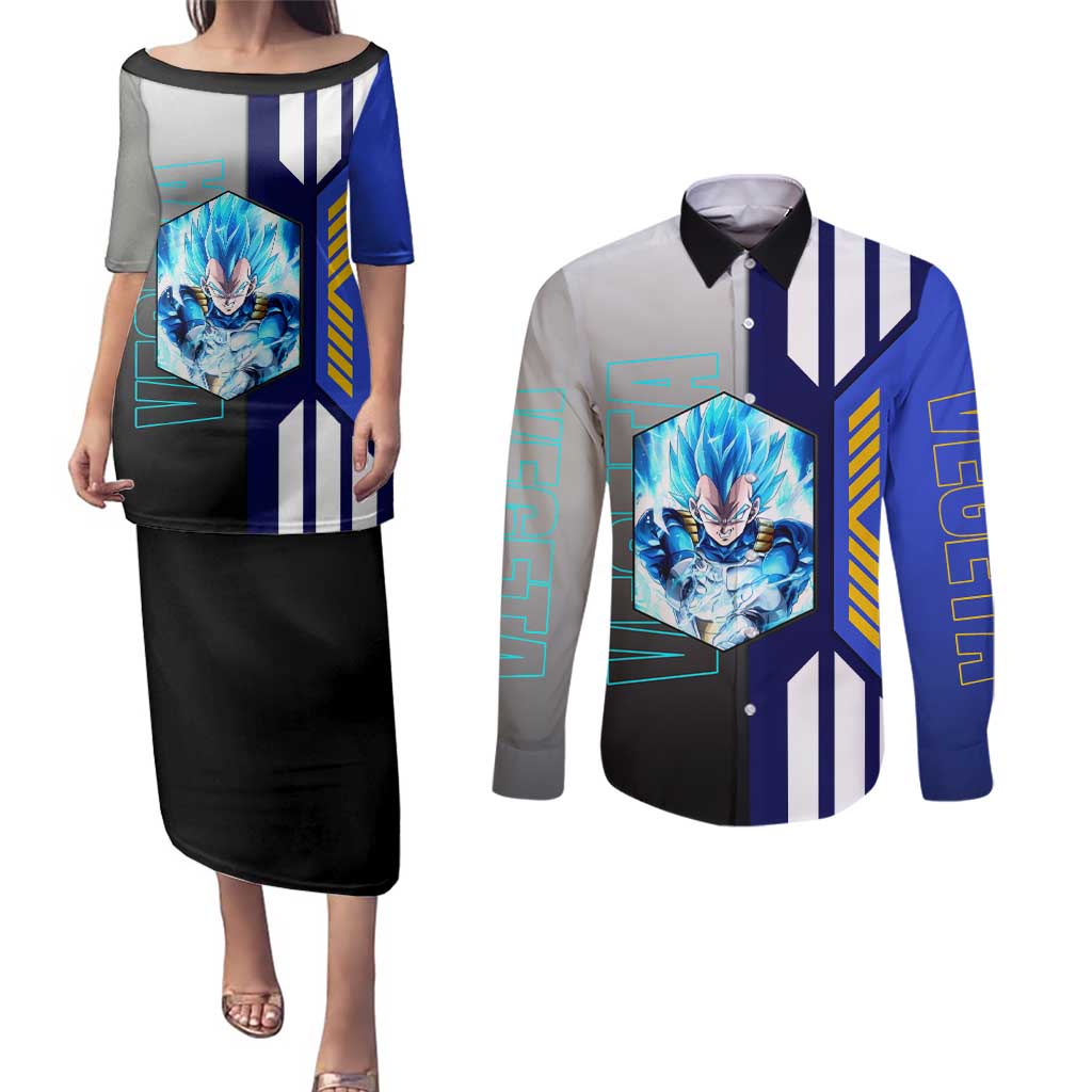 Vegeta from Dragon Ball Couples Matching Puletasi and Long Sleeve Button Shirt with Super Saiyan Blue Form and Action Pose Design - The Mazicc