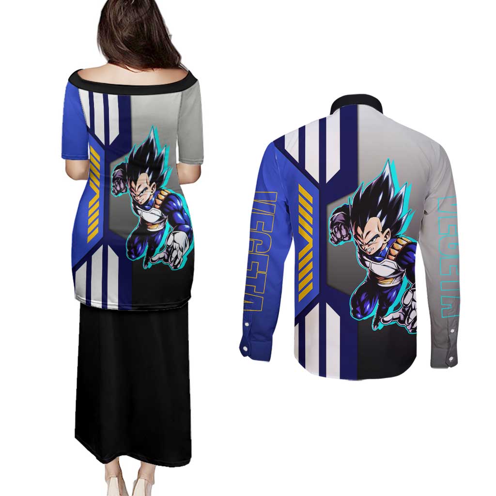 Vegeta from Dragon Ball Couples Matching Puletasi and Long Sleeve Button Shirt with Super Saiyan Blue Form and Action Pose Design - The Mazicc