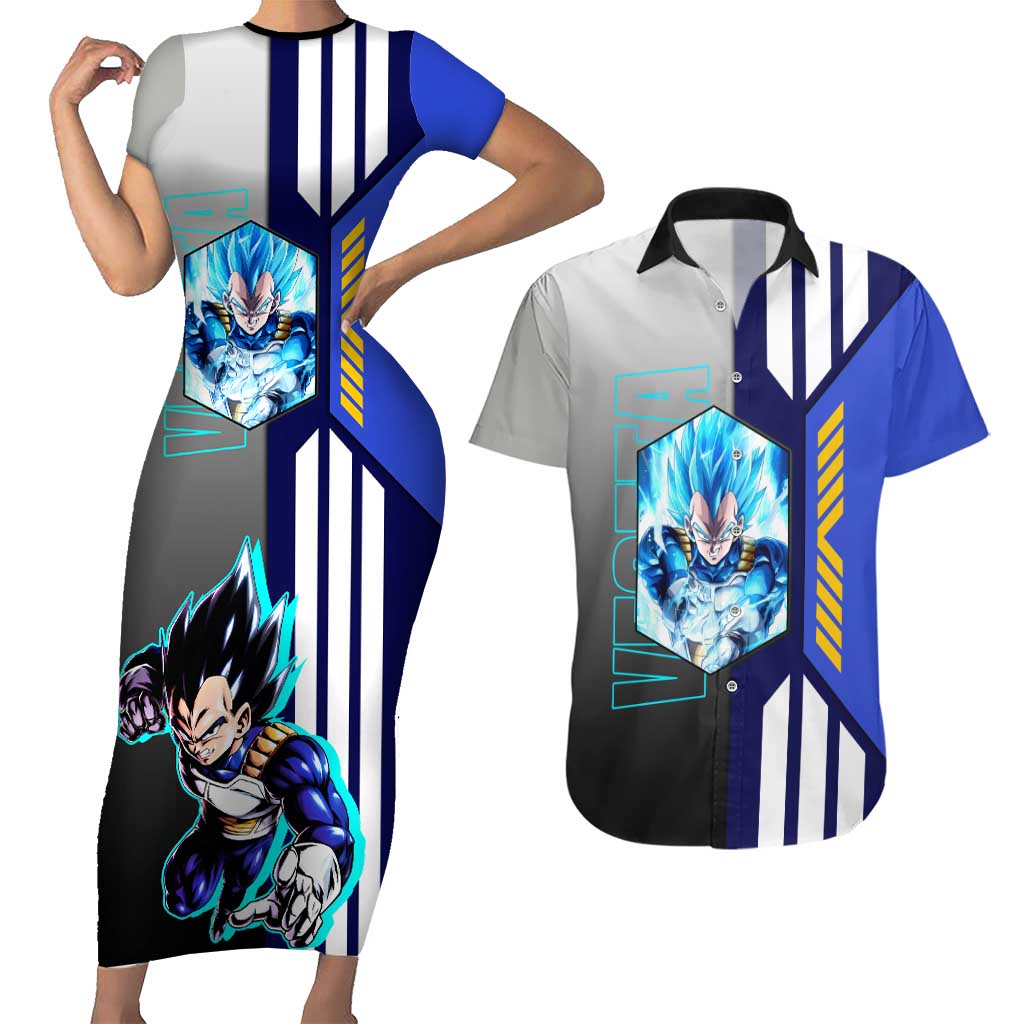 Vegeta from Dragon Ball Couples Matching Short Sleeve Bodycon Dress and Hawaiian Shirt with Super Saiyan Blue Form and Action Pose Design - The Mazicc