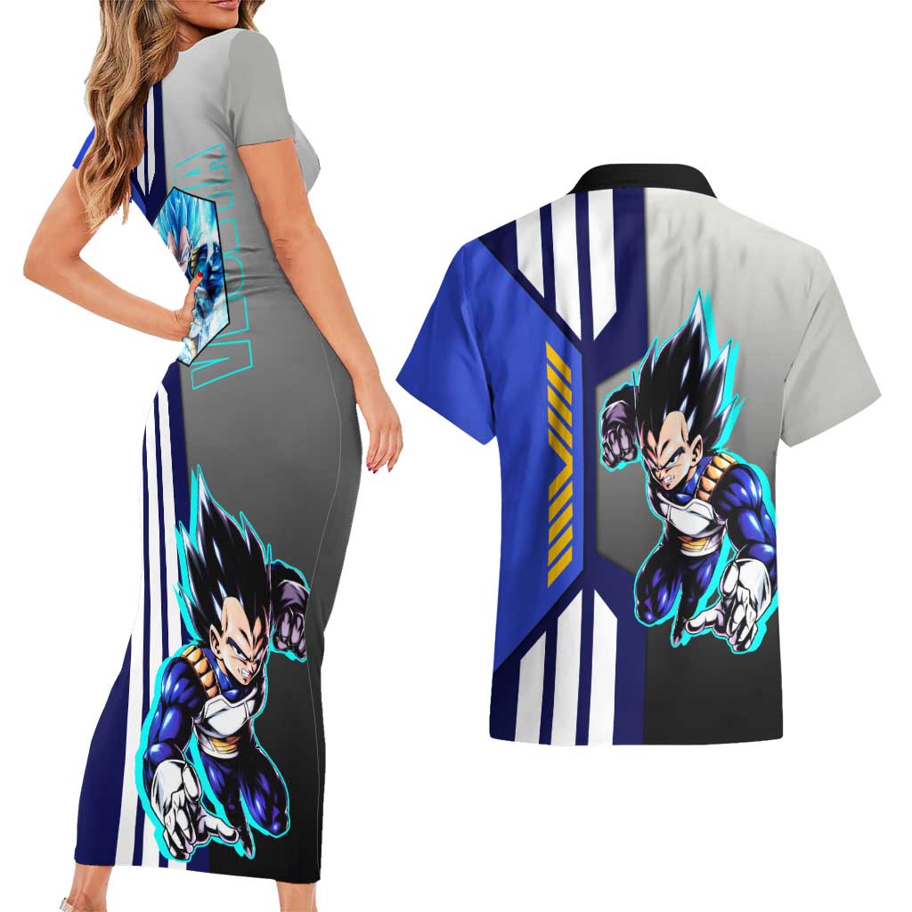 Vegeta from Dragon Ball Couples Matching Short Sleeve Bodycon Dress and Hawaiian Shirt with Super Saiyan Blue Form and Action Pose Design - The Mazicc